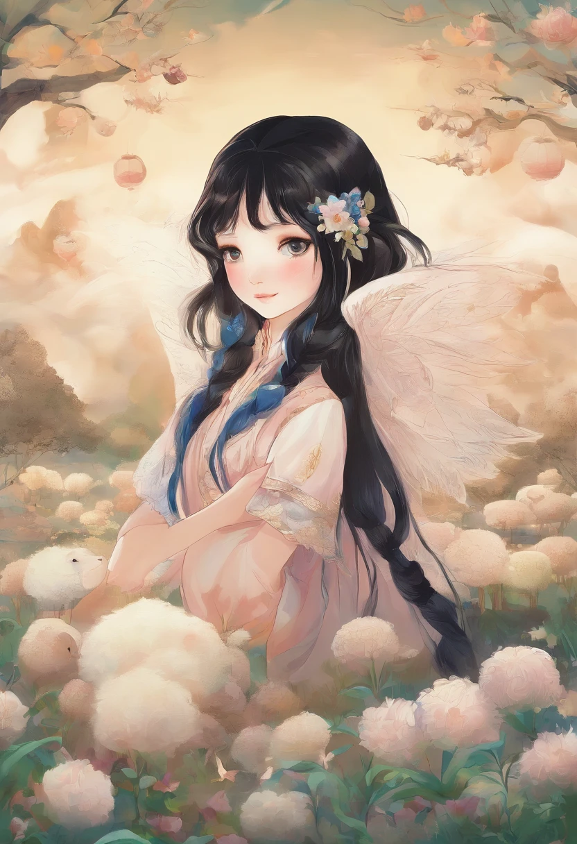 A Zhuang girl,Black hair,with a round face,largeeyes,The mouth smiles,Grazing sheep in the fields,with blue sky and white clouds,beautiful weather