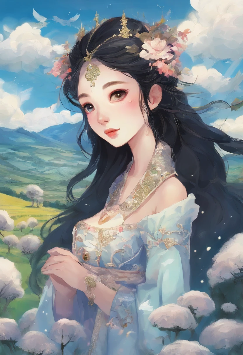A Zhuang girl,Black hair,with a round face,largeeyes,The mouth smiles,Grazing sheep in the fields,with blue sky and white clouds,beautiful weather