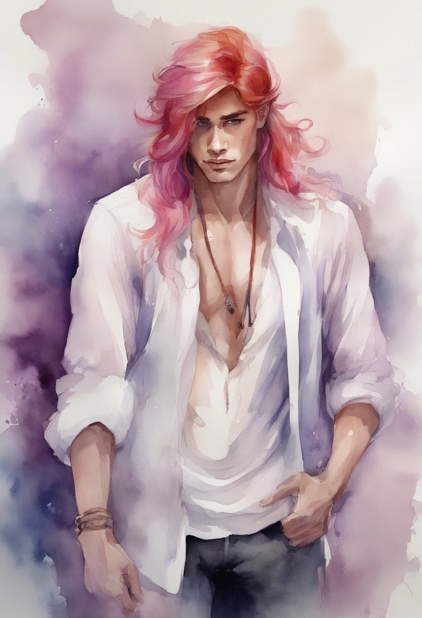 Man with long pink and red hair and white clothes, Handsome face, purple eyes, Highly detailed young anime, 4K Wall Paper Caricature, Anime boy, detailed anime character art.