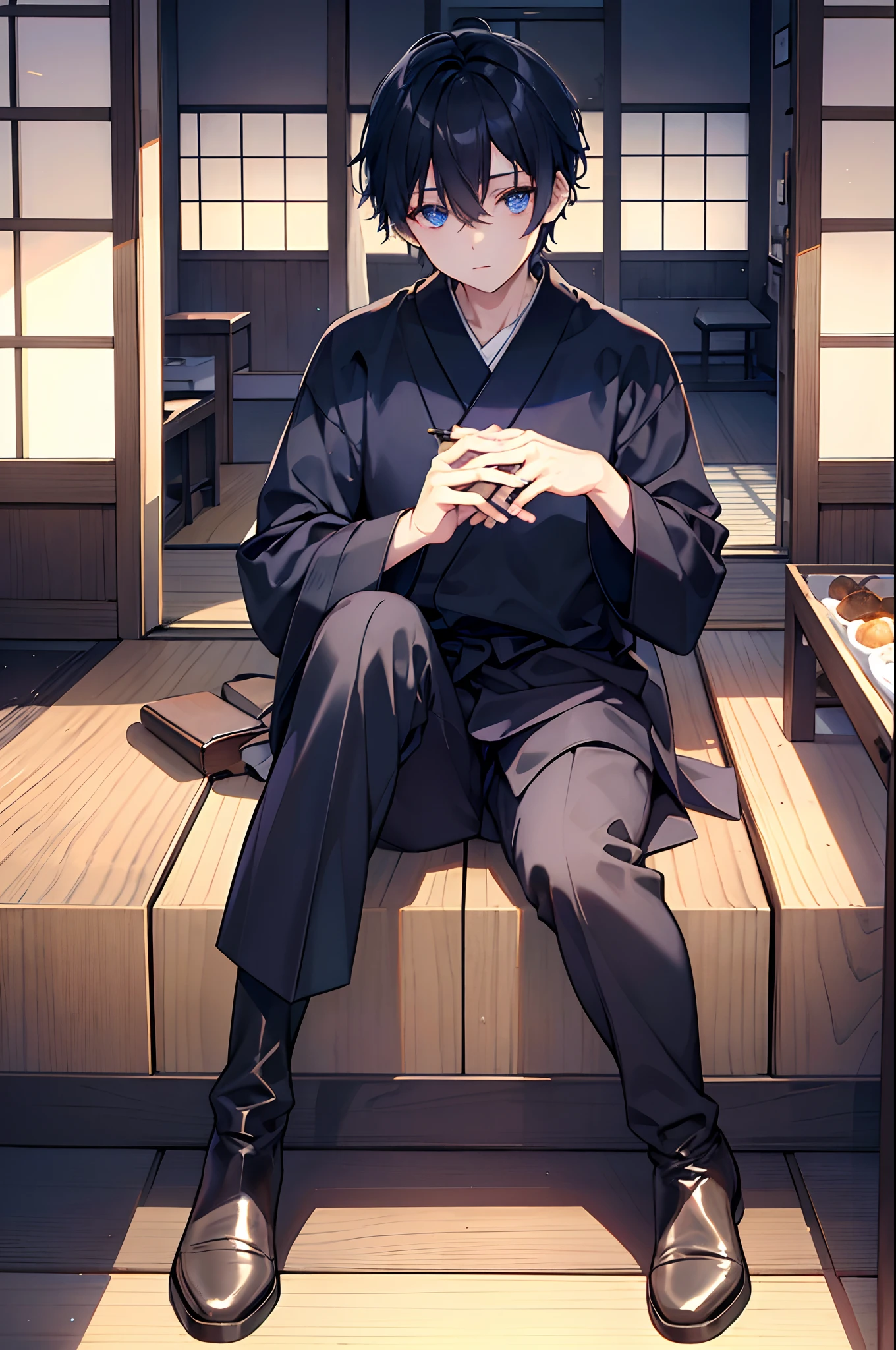 male people Dark blue short hair blue eyess Sweaters Brown Slacks long boots Japanese houses Sitting in the room、Eat oden Halloween masterpiece Top image quality Clear Parts Cinematic Shadows Increased attractiveness of the eyes Clear the shine of the eyes Draw eyelashes neatly Perfect Eye A detailed eye Sharpen image quality Sharpen eye writing Clear eye shape