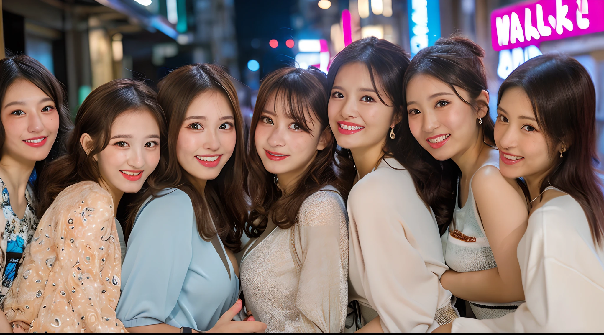 masterpiece, Better Quality, hight resolution, ((Photorealsitic:1.4, Raw photography, 超A high resolution,Top image quality: 1.4)), ((upper body 1.5)), Beautiful detailed eyes, Natural Color Lip, ((A big smile:1.5)), ((Random and cute curly hair)), ((Random breast sizes from large to medium:1.3)), ((Random fashionable clothes:1.6)), ((Random Lightwear:1.2)),((breastsout、under look eyes、Mole on the arm:0.9)), ((peer in from below)), ((street corner)), ((Random and cute facial expressions)),, ((4 girls、Four people standing side by side:1.5)) very detailed and professional lighting、 ((Random and cute facial expressions:1.5))、 ((Waki Display:1.5))、 ((I'm showing off my waki:1.5))、 ((thigh visible:1.5))