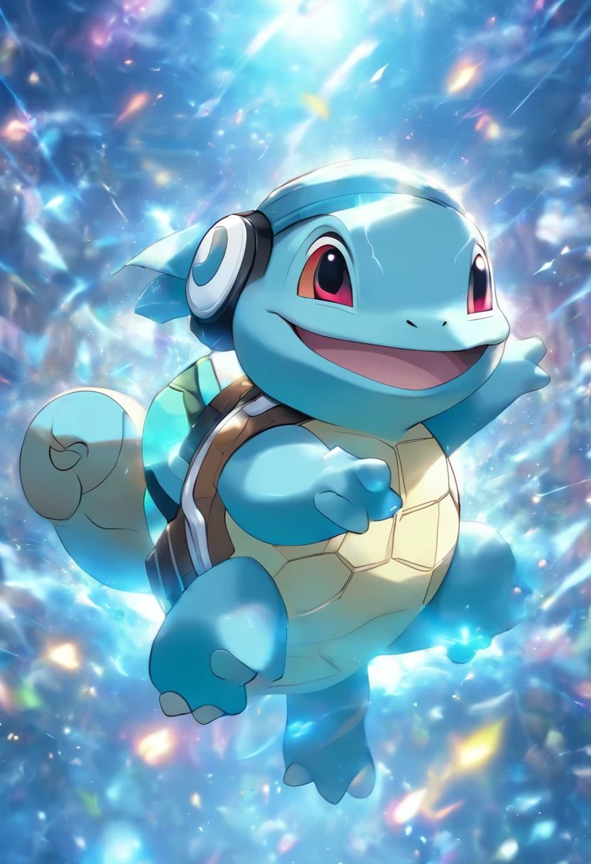Squirtle from pokemon happy, wearing a gaming headset, high quality, cinematic texture, masterpiece, horizontal, wallpaper