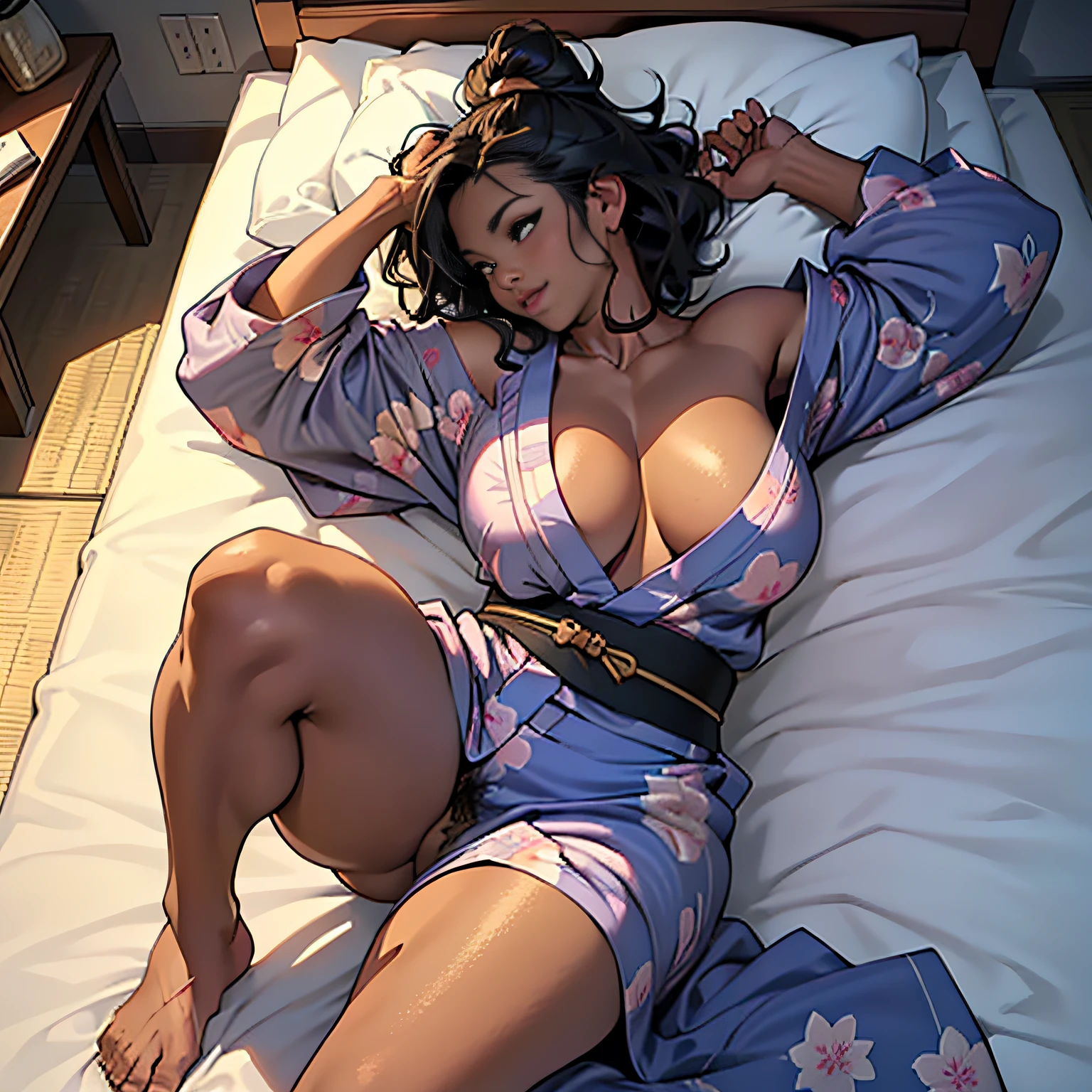 there is 1woman that lying on bed,solo,((lie on one's side)),(((A MILF: 1.4))), (Curvy:1.35),(((Dark skin))),Curvy physique,, Thick body,((Completely naked)), ((grabbing pubic_hair)),((Open yukata)),dark nipple,bare shoulder,((one leg up)),model in Japan,((Sexual suggestiveness)),from above