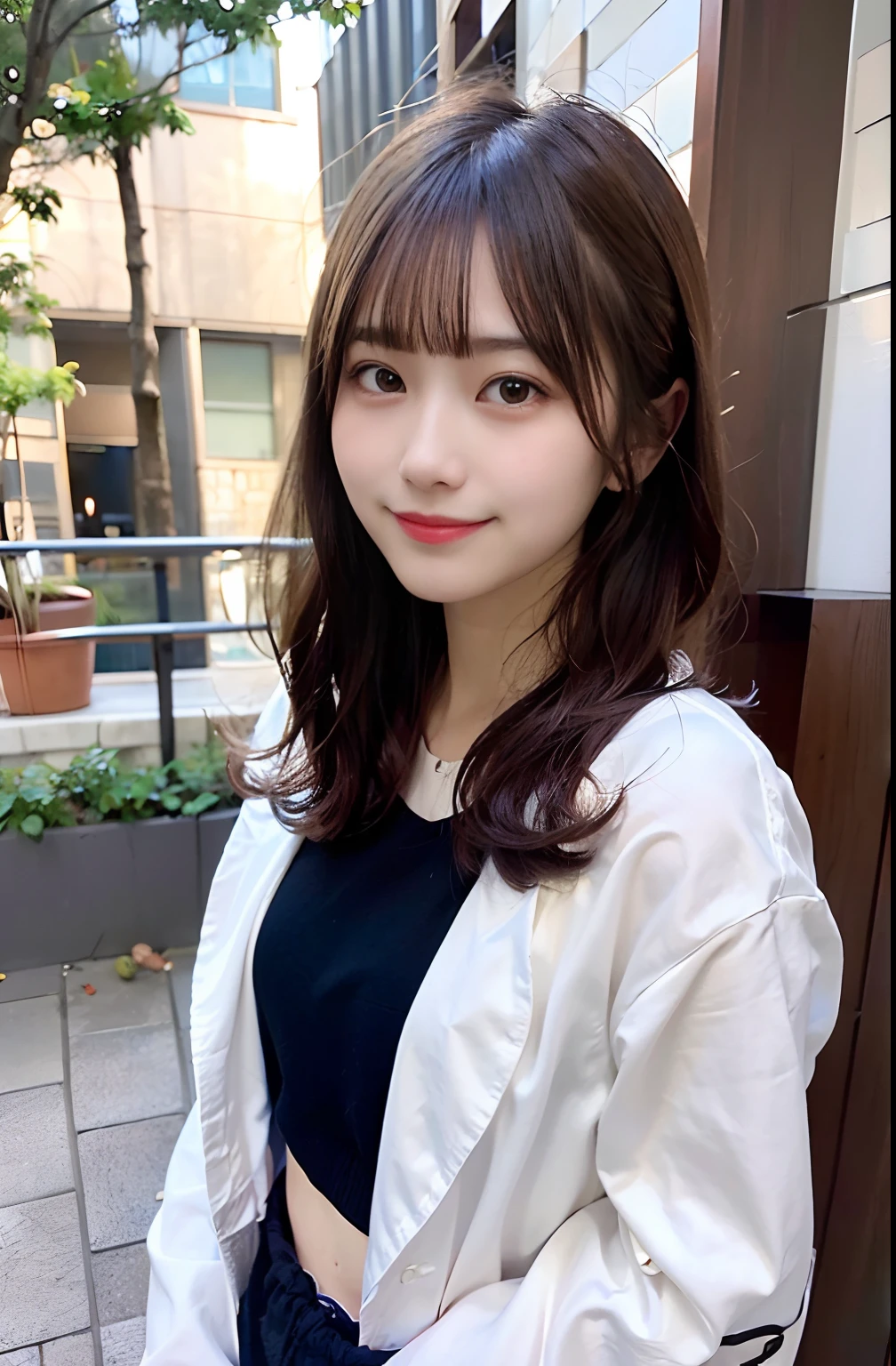 masutepiece, Best Quality, Illustration, Ultra-detailed, finely detail, hight resolution, 8K Wallpaper, Perfect dynamic composition, Beautiful detailed eyes, Trendy Women's Fashion Winter Clothes,Bun hair,Small breasts natural color lip, sexypose,Smile,Harajuku、20 years girl、Cute、is looking at the camera