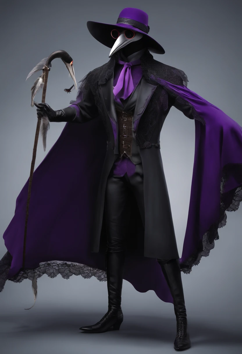 Male plague doctor with purple glasses, Cartoon, o casaco longo como vestido tem cortes nas pernas, - Revealed legs with lace straps and fishing nets, vestindo stilettos pretos, imagem de alta qualidade 20 anos de idade