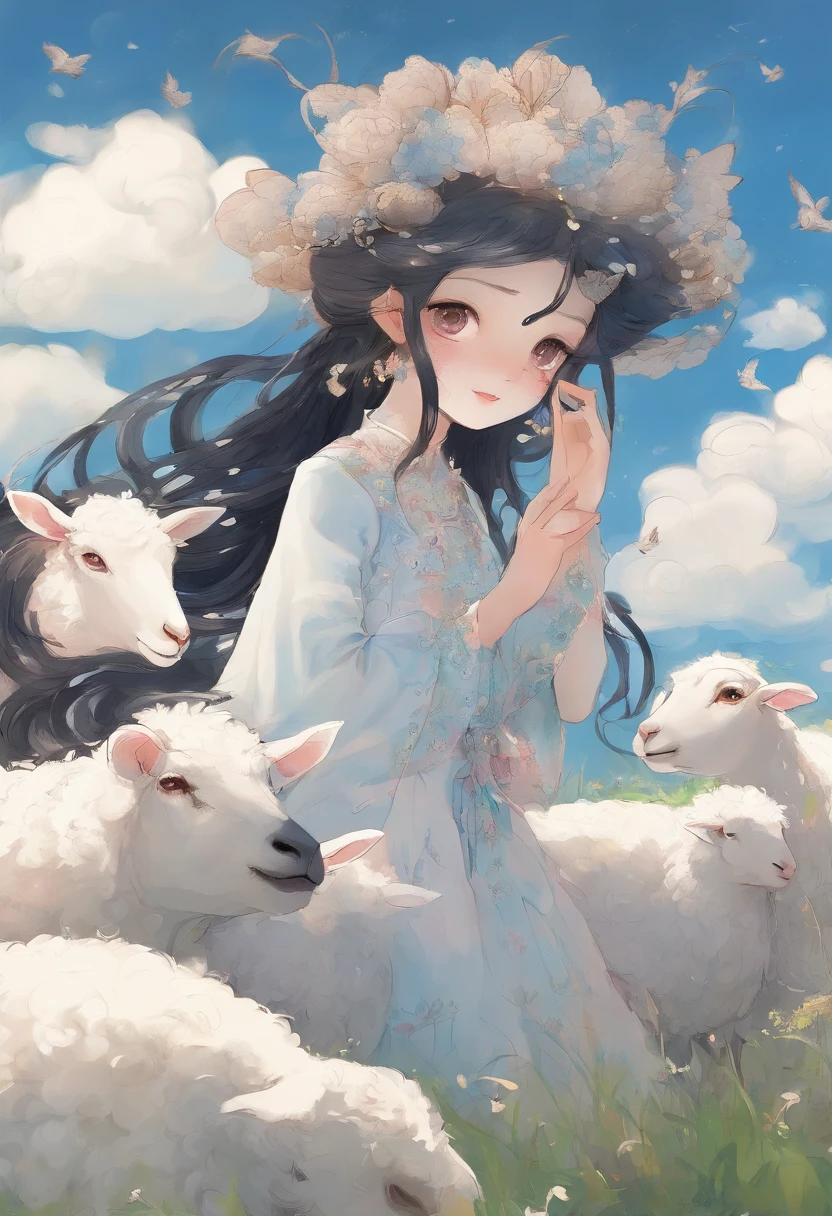 A Zhuang girl，Black hair，with a round face，largeeyes，The mouth smiles，A flock of sheep grazing in a field，with blue sky and white clouds，beautiful weather