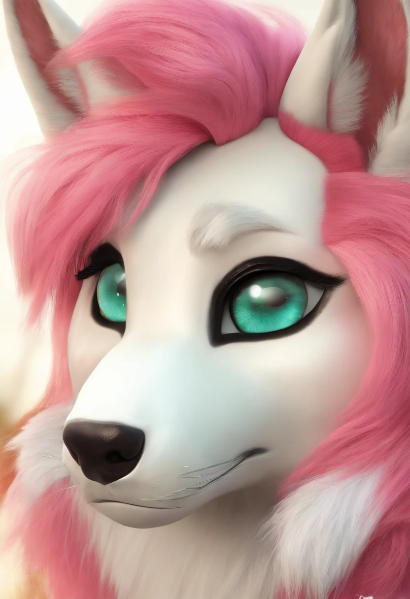 photorealistic, female, mascot, fursuit, animal character, anthropomorphic animal, unicorn, gold horn, red-pink hair, hot pink hair, black ,white, and gold body fur, mint green eyes, fluffy fur, fur covered body, beautiful proportions, realistic fur, realistic hair, realistic eyes, round pupils, wolf cut hairstyle, hoofs for hands and feet, kneeling, blowing kiss, best quality