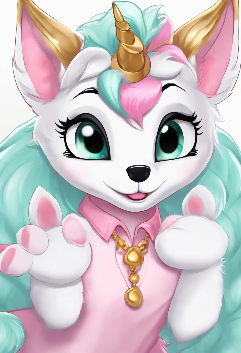 photorealistic, female, mascot, fursuit, animal character, anthropomorphic animal, unicorn, gold horn, red-pink hair, hot pink hair, black ,white, and gold body fur, mint green eyes, fluffy fur, fur covered body, beautiful proportions, realistic fur, realistic hair, realistic eyes, round pupils, wolf cut hairstyle, hoofs for hands and feet, kneeling, blowing kiss, best quality