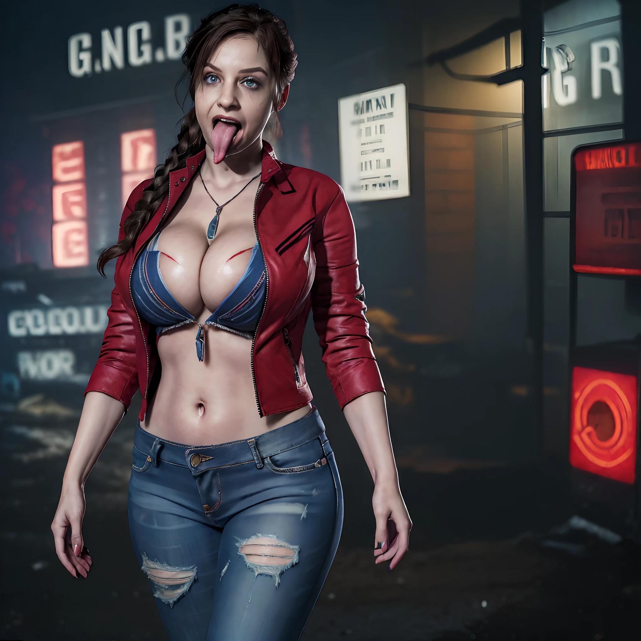 (masterpiece:1.2, Best Quality:1.2), ((Claire Redfield, super beautiful woman)), Resident evil, (Red jacket, White shirt, Long jeans, torn jeans), (Colossal tits:1.5, Huge boobs:1.5, Huge breasts:1.5, gigantic cleavage breasts:1.5), (Detailed face, Detailed skin texture, Perfect slim body, Tongue out:1.5, long tongue:1.5), At an abandoned gas station, Night, Dark atmosphere, surround by zombies,