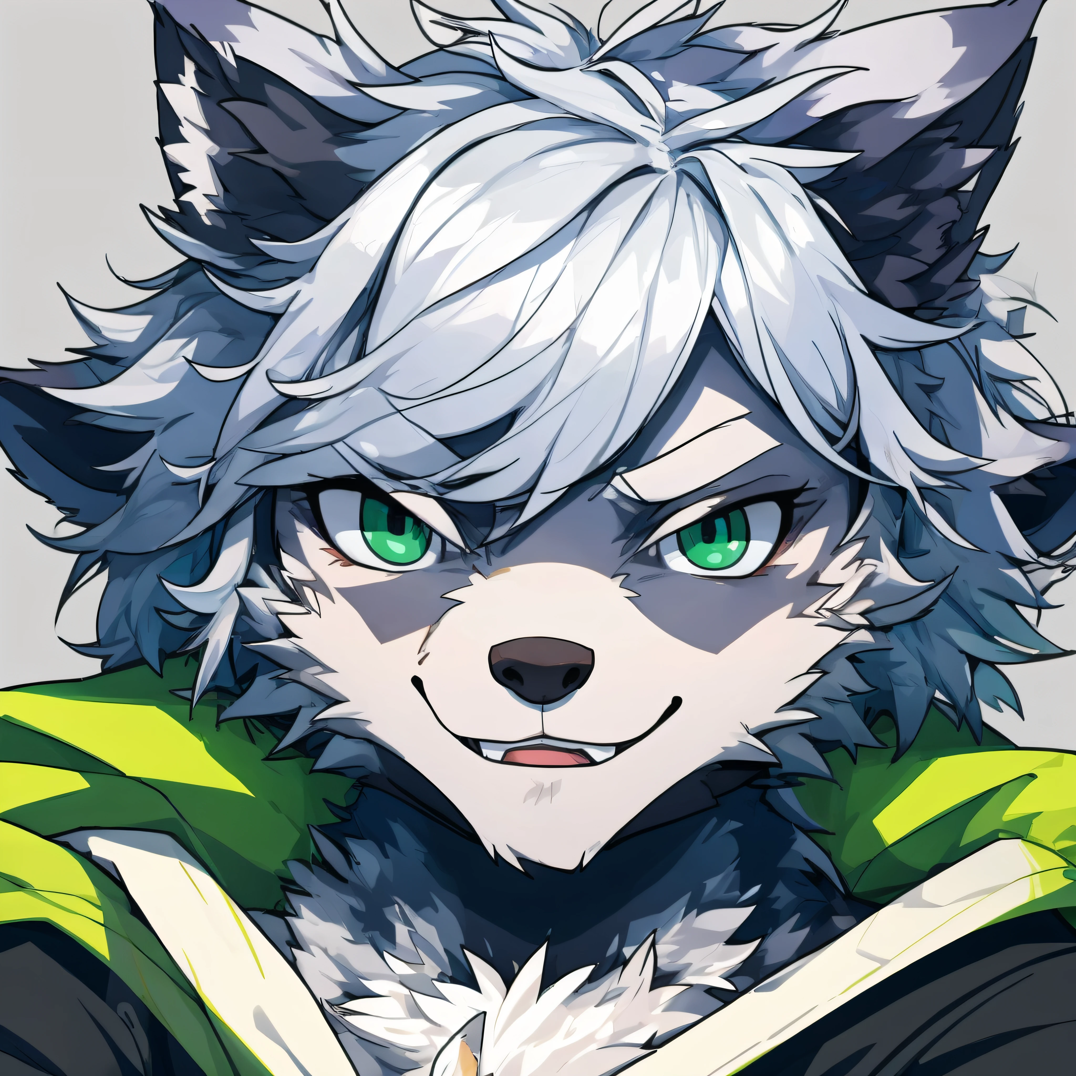 head portrait，solo person，furry，Wolf orcs，Silver hair，Emerald pupils