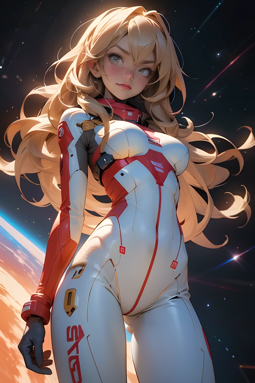 sandy hair fit body large breasts slender thighs slender waist pilot suit solo looking at viewer in space long hair blushing determination, 8k, extreme detail,