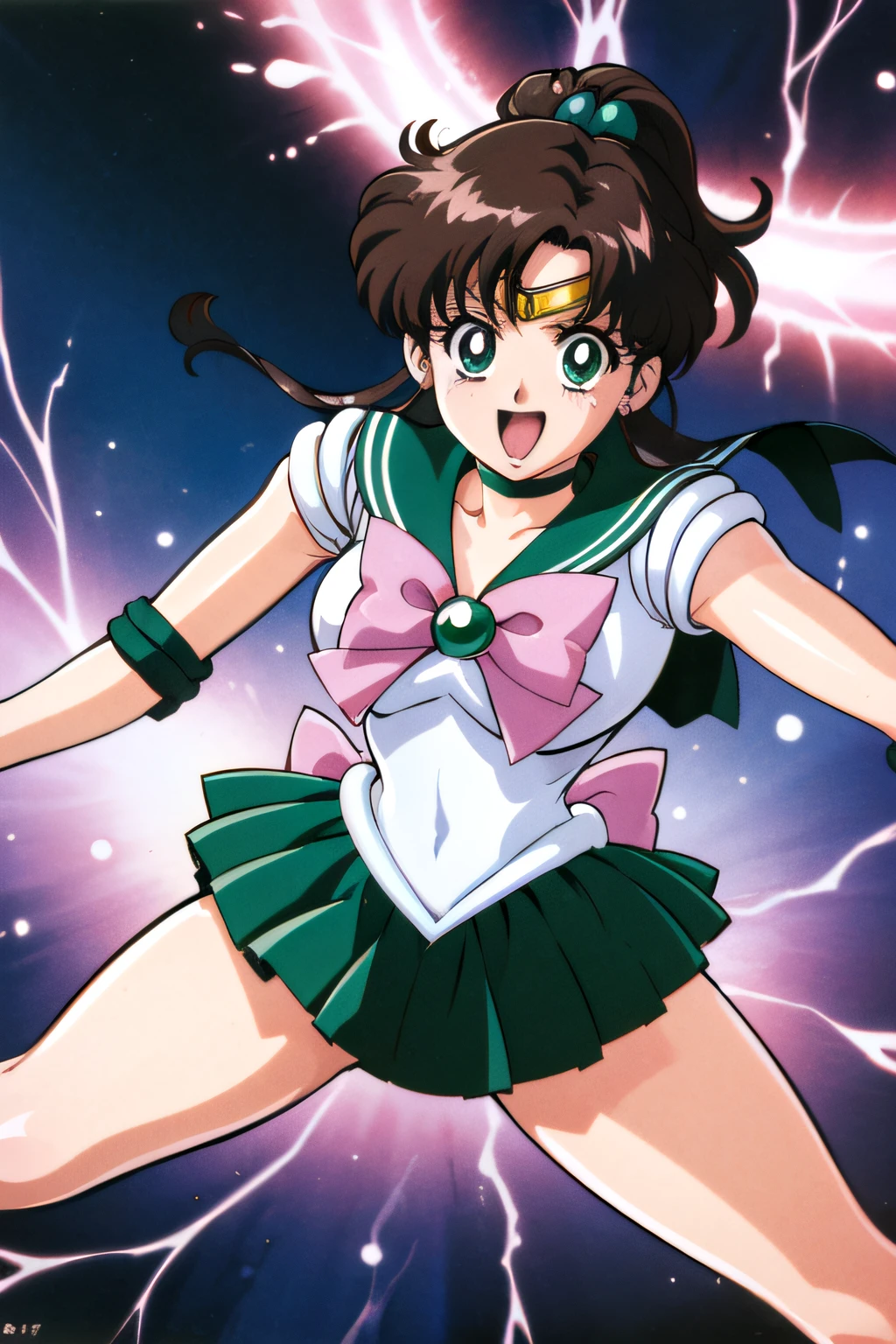 (top-quality:1.3), (​masterpiece:1.4),(Anatomically correct), (Full limbs),(complete fingers),(Precise fingertips), (Fine details),(8K),Photorealista,Sailor Moon!!!!!!!!, Sailor Moon Style,by Sailor Moon, Sailor Senshi Uniform,(the sailor jupiter:1.37),aqua eyes,brown haired,poneyTail,Green Choker,Green boots,Pink ribbon,(Super Detail),(90s Anime,9 0 s anime,9 0 s anime style,anime cels,cel shaded anime),
(Dynamic Boxing Pose:1.25), 1 girl, Beautiful face, Intense lighting),raw, 1 girl, ((rage)), Color Theme Red, Dramatic light, Violence Everywhere, Bloody destruction of corpses in the background, Dark and blurry background, (joyous expression:1.4), (Raging Eyes:1.2), ), Mental breakdown, intimidation, Ways to harm, (irate:1.4), revenge, rage, destruction, murder, Maniacal,magician, spell magic, Magic Circle, ((magic in hand)),(using light magic:1.14),water magic, imaginative overlays, artistic fusion,fantastical scenes, evocative narratives, striking visuals,