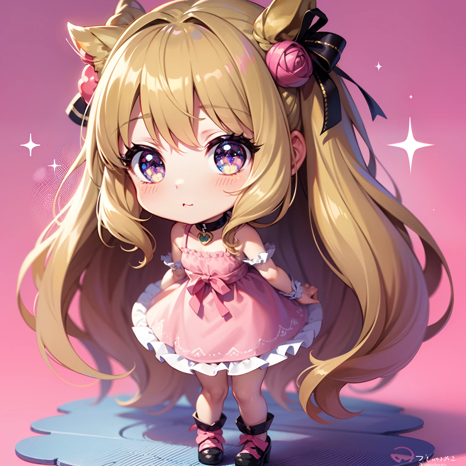 perfect-composition、Perfect pictorial composition、Cartoon girl with long hair、cartoon artstyle、Cartoon Cute Girl、Chibi Girl、Chibi、cute cartoon style、Cute art style、Cartoon style、Cartoon style illustration、Digital art of cartoons、Cute digital art、Cute anime girl、Chibi、estilo chibi、Kawaii Girl、an anime drawing、pop-art、Cartoon style illustration、３Equivalent、full bodyesbian、Head large、kawaii eyes、Glitter eyes、Sparkling eyes、kawaii faces、Innocent face、smooth hair、a blond、Golden hair、Pink ribbon、Girl in polka dot dress, cute kawaii girl, Cute anime girl, The upper part of the body、oblique、Pink background、tchibi、Has a small、Mini、Chibi、Hair is grated、Hair does not tie、Wearing a red ribbon in her hair