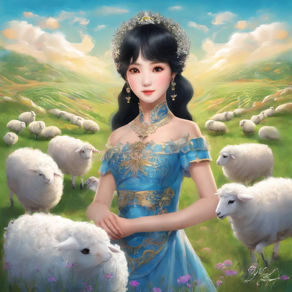 A Zhuang girl,Black hair,with a round face,largeeyes,The mouth smiles,A flock of sheep grazing in a field,with blue sky and white clouds,beautiful weather