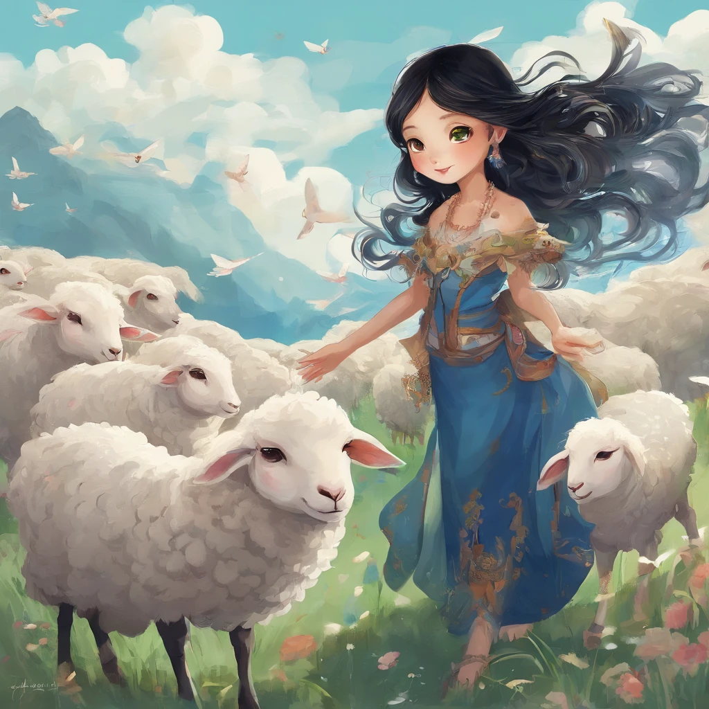 A Zhuang girl，Black hair，with a round face，largeeyes，The mouth smiles，A flock of sheep grazing in a field，with blue sky and white clouds，beautiful weather