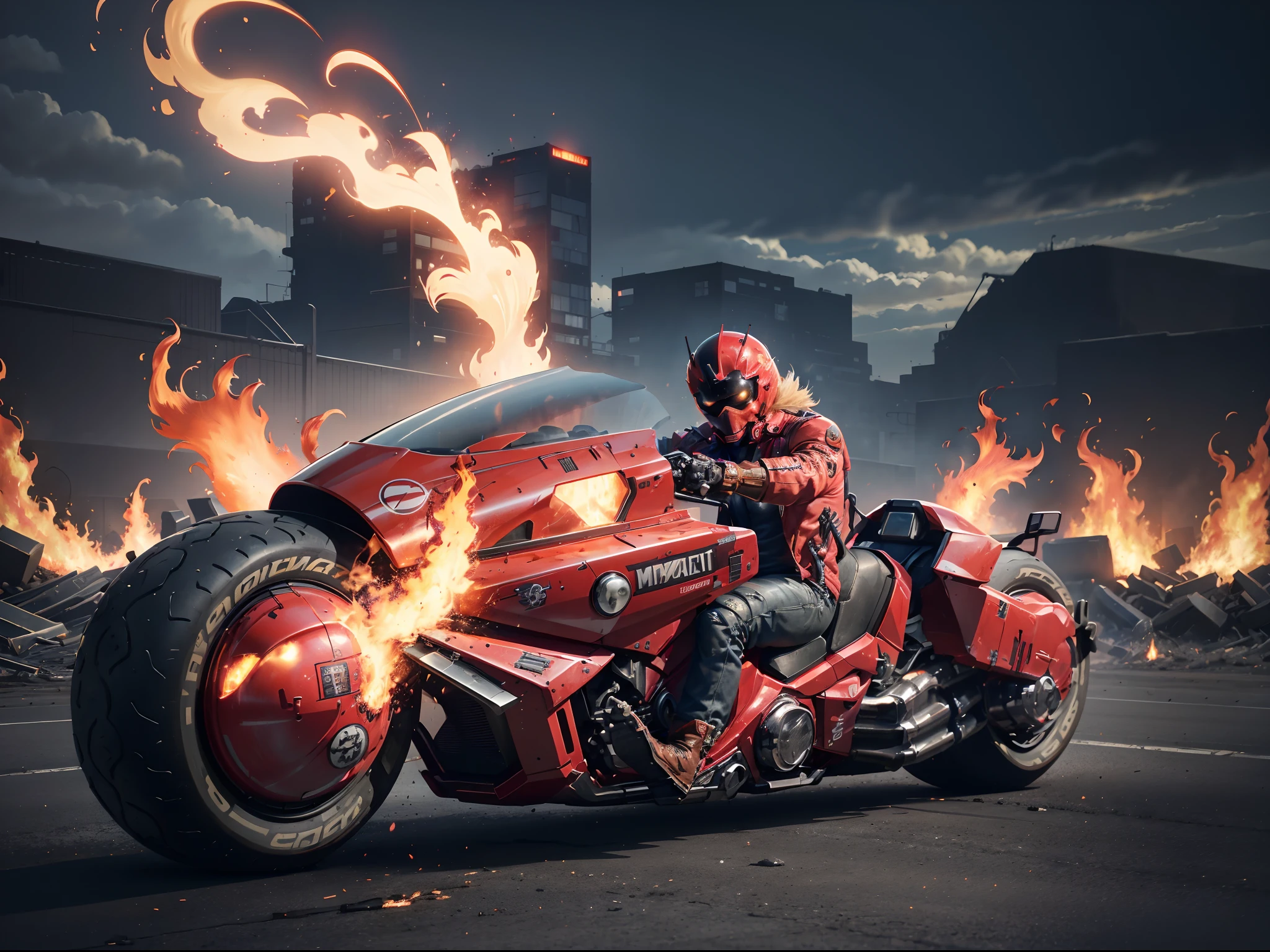 (offcial art, Unity 8k wallpaper, Ultra-detailed, Beautiful, Masterpiece, Best quality, 1.4x more realistic), (Marvel Hero Ghost Rider: 1.5), There was a fire in his eyes, The corpse was wrapped in burning chains, Titanium chains and the future technology of motorcycles, Icy bodywork, Ghost Rider rides a futuristic black motorcycle, Gallop on a burning fire, The entire motorcycle caught fire and burned down, fire element, composed of fire elements, volcanoes, Burning cyberpunk cityscape, Armageddon, Epic screen, Anatomically correct, Textured skin, akirabike.