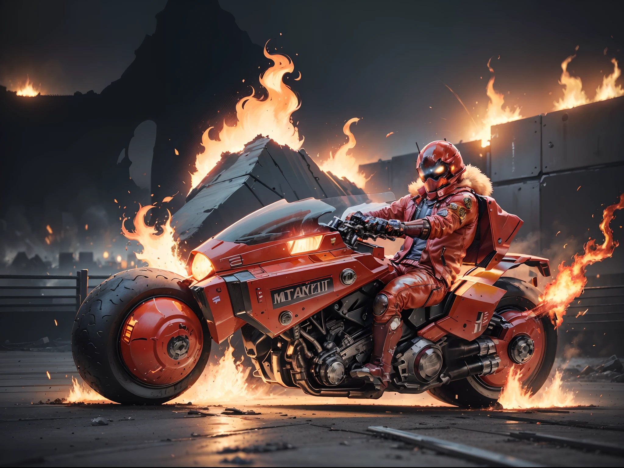 (offcial art, Unity 8k wallpaper, Ultra-detailed, Beautiful, Masterpiece, Best quality, 1.4x more realistic), (Marvel Hero Ghost Rider: 1.5), There was a fire in his eyes, The corpse was wrapped in burning chains, Titanium chains and the future technology of motorcycles, Icy bodywork, Ghost Rider rides a futuristic black motorcycle, Gallop on a burning fire, The entire motorcycle caught fire and burned down, fire element, composed of fire elements, volcanoes, Burning cyberpunk cityscape, Armageddon, Epic screen, Anatomically correct, Textured skin, akirabike.