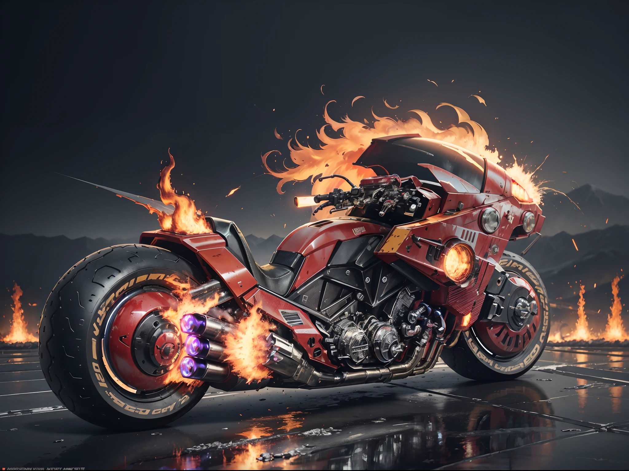(offcial art, Unity 8k wallpaper, Ultra-detailed, Beautiful, Masterpiece, Best quality, 1.4x more realistic), (Marvel Hero Ghost Rider: 1.5), There was a fire in his eyes, The corpse was wrapped in burning chains, Titanium chains and the future technology of motorcycles, Icy bodywork, Ghost Rider rides a futuristic black motorcycle, Gallop on a burning fire, The entire motorcycle caught fire and burned down, fire element, composed of fire elements, volcanoes, Burning cyberpunk cityscape, Armageddon, Epic screen, Anatomically correct, Textured skin, akirabike.