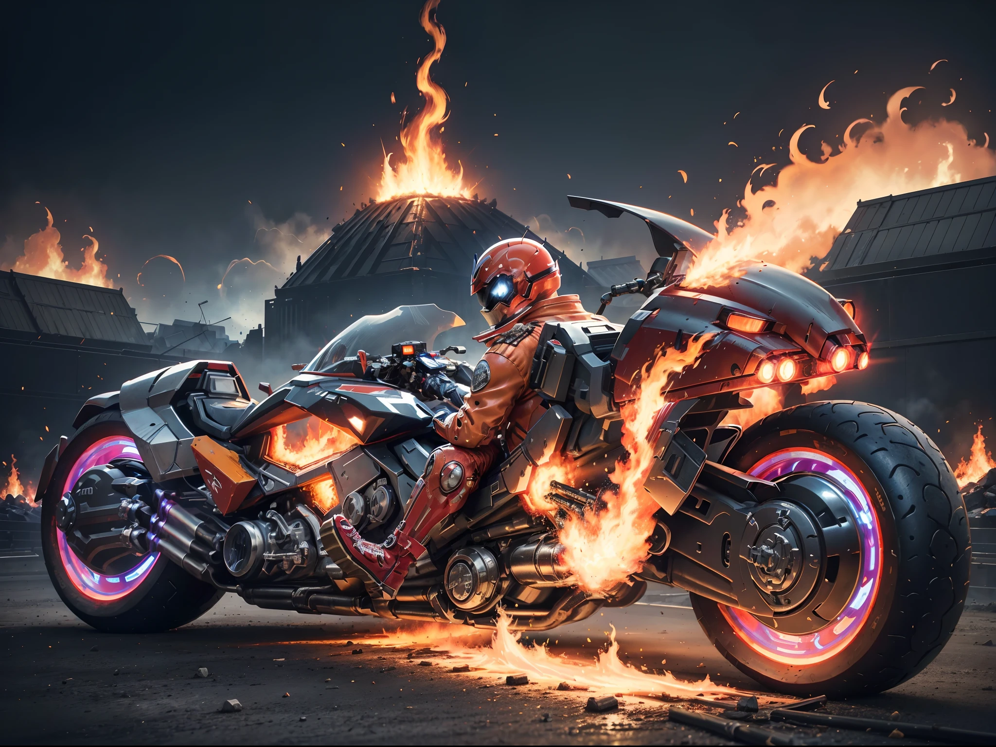 (offcial art, Unity 8k wallpaper, Ultra-detailed, Beautiful, Masterpiece, Best quality, 1.4x more realistic), (Marvel hero Ghost Rider: 1.5), There was a fire in his eyes, The corpse was wrapped in burning chains, Titanium chains and the future technology of motorcycles, Icy bodywork, Ghost Rider rides a futuristic black motorcycle, Gallop on a burning fire, The entire motorcycle caught fire and burned, fire element, Composed of fire elements, volcanoes, Burning cyberpunk cityscape, Armageddon, Epic screen, Anatomically correct, Textured skin.