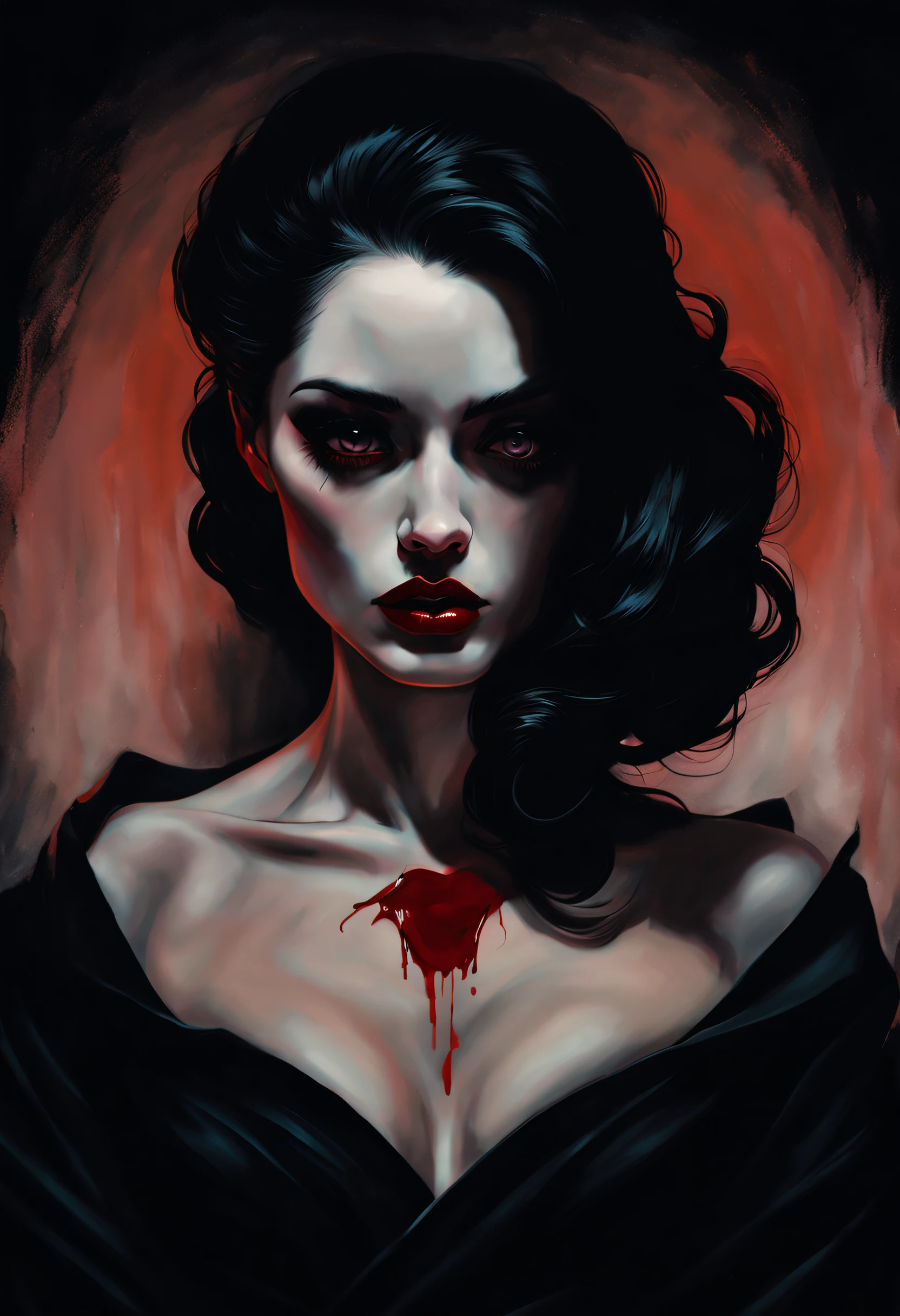 Chiaroscuro technique in sensual illustration of an elegant woman, Horror Vintage, vampire, estranho, pintura fosca, Directed by: Hannah Dale, Directed by: Harumi Hironaka, cores extremamente suaves, vibrante, altamente detalhado, Arte digital, alto contraste, Dramatic, refinado, tonal,