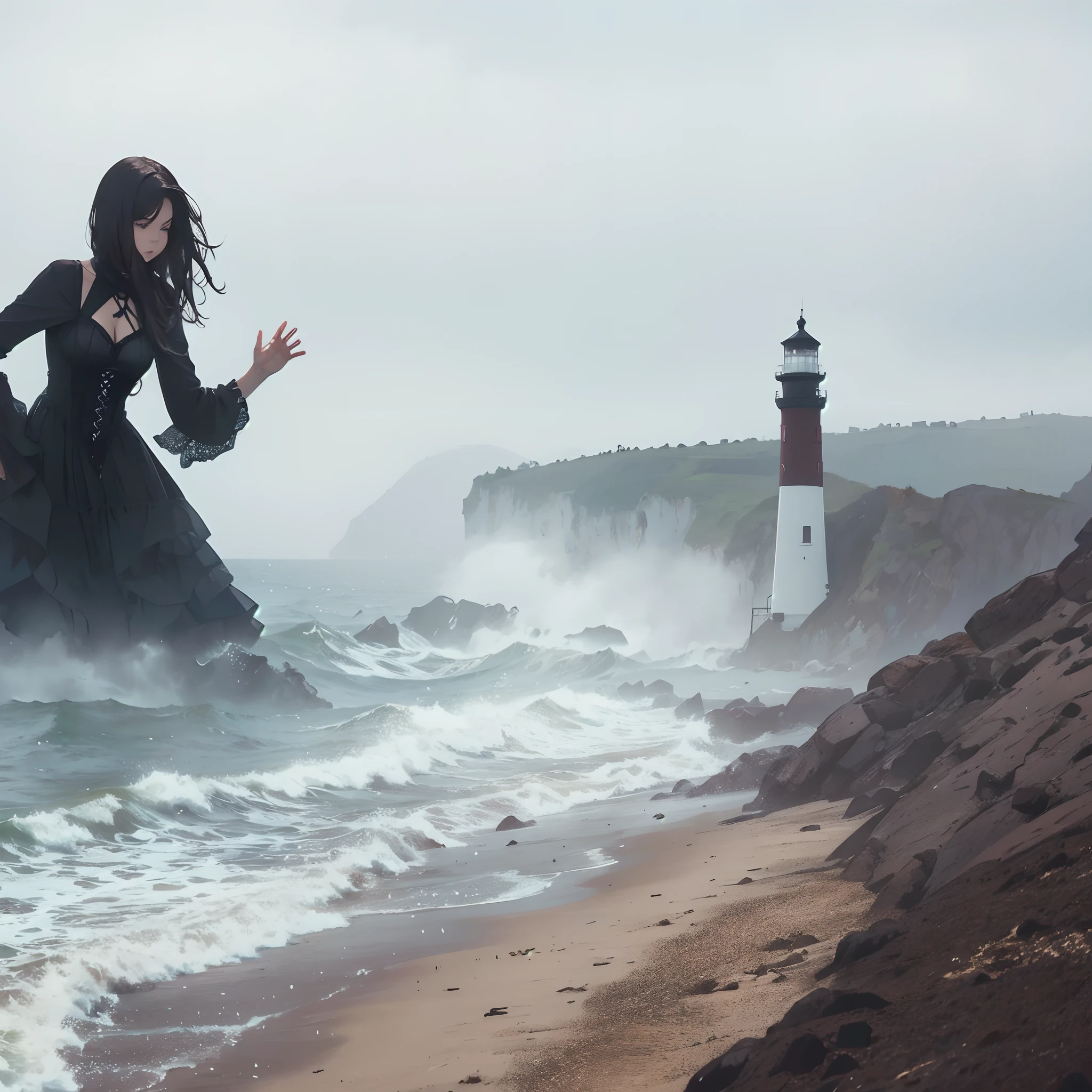Foggy beach. A huge girl emerged from the sea. She wears a black gothic dress. She attacks the lighthouse. Sandy beach. A hill. Cloudy sky.