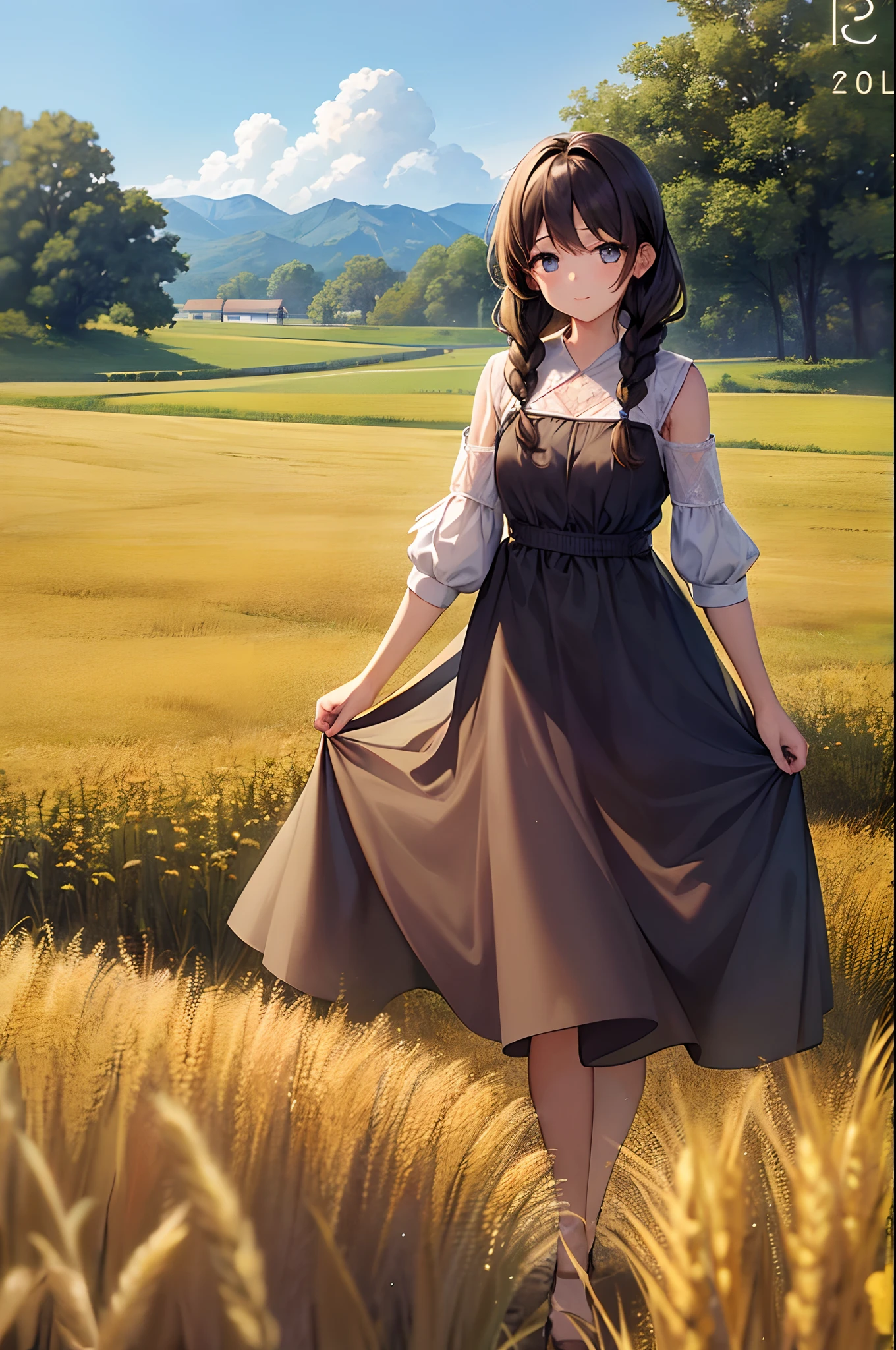 1girl, 20years old, Tall and attractive, in a cute rustic dress, Hair braided, Standing on a village farm. She has a soft, Gentle smile and expressive eyes. Charming barns are visible in the background, Golden wheat fields and clear blue sky. The composition should be flooded with the warm light of the golden hour, Soft depth of field and soft bokeh accentuate idyllic tranquility. Take pictures like this, as if they were shot on vintage 35mm film for added appeal, filmg,