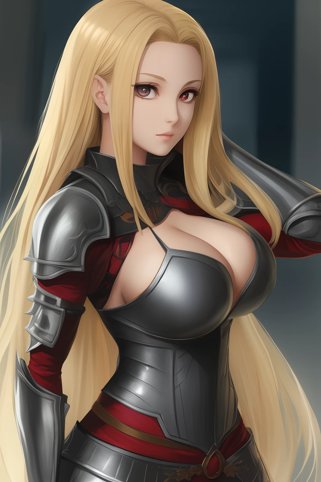 Anime girl, , blonde long hair, huge boobs, and curvy waist, ancient clothes armor, red eyes.