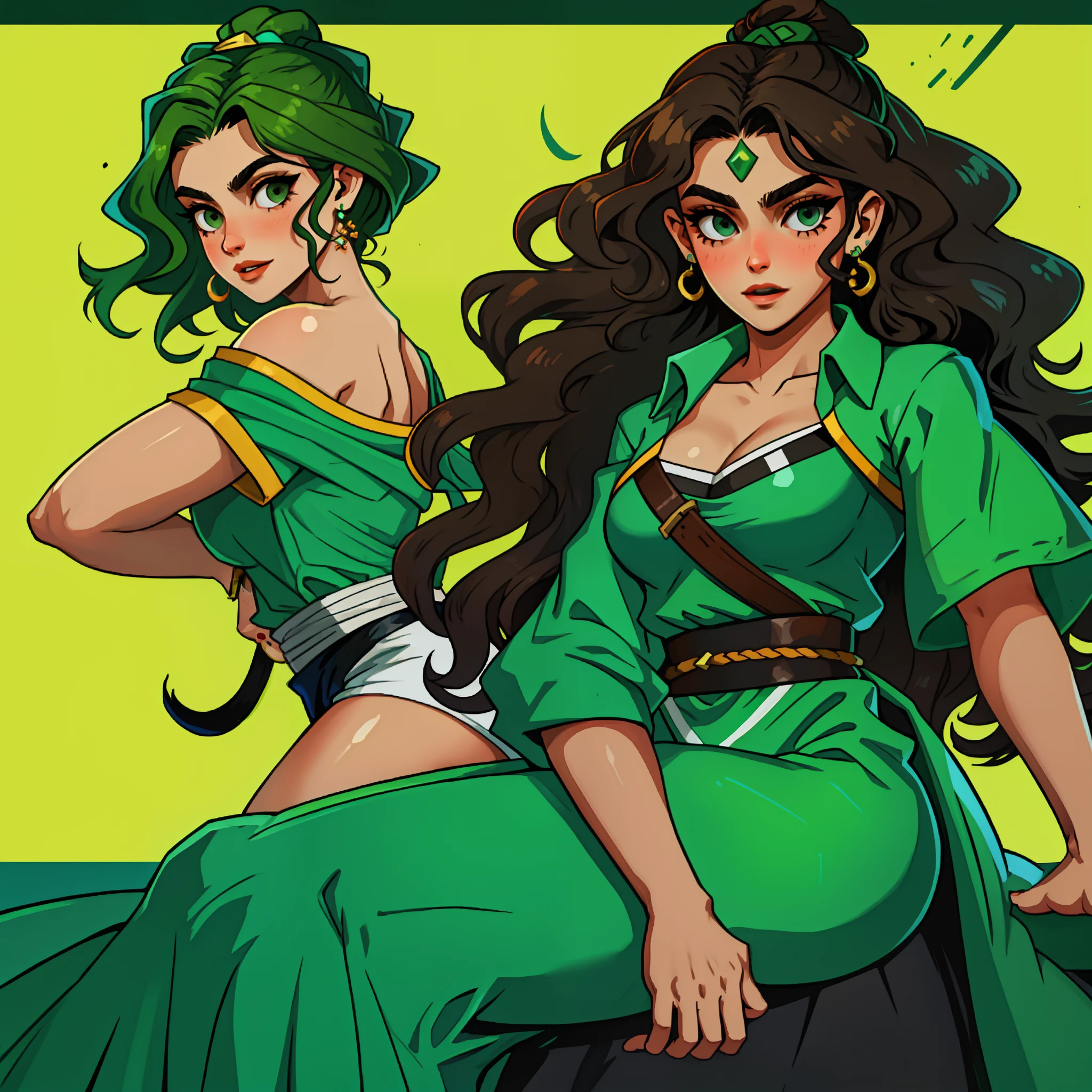 com olhos verdes, Hair is wavy dark brown, bonita, com cara de personagem de jogo de videogame, usando roupas medievais