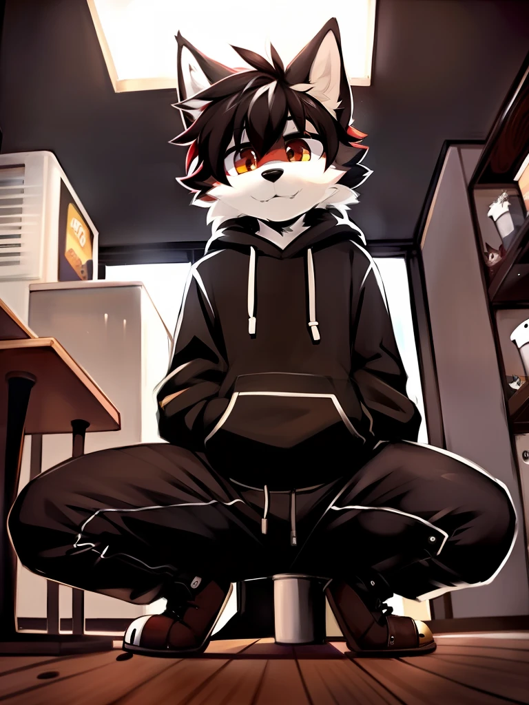 author: zackary911, (Coffee Soda: 1.1), hioshiru, zackary911, wolf, humans, boy, bara, Tight black hoodie, body hair, Look up, clear., From a small point of view.., (He's looking down at the little one..), curvy thighs, huge thighs, Beep, Lean down.., squat, low angle, foot, Scary