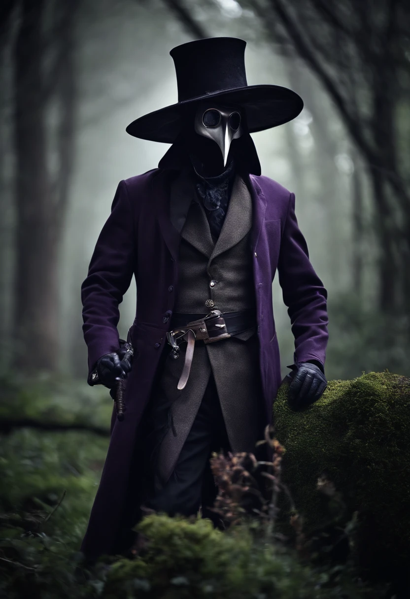 Purple details image of a man in a plague suit and a bird, the plague doctor, plague doctor, O Peste., Plague mask, epic and elegant portrait, plague doctor mask, Retrato do Professor Sinistro, cowboy plague doctors, portrait of a bloodborne hunter, vampre the masquerade, Chapeleiro, Adriano Borda, doente