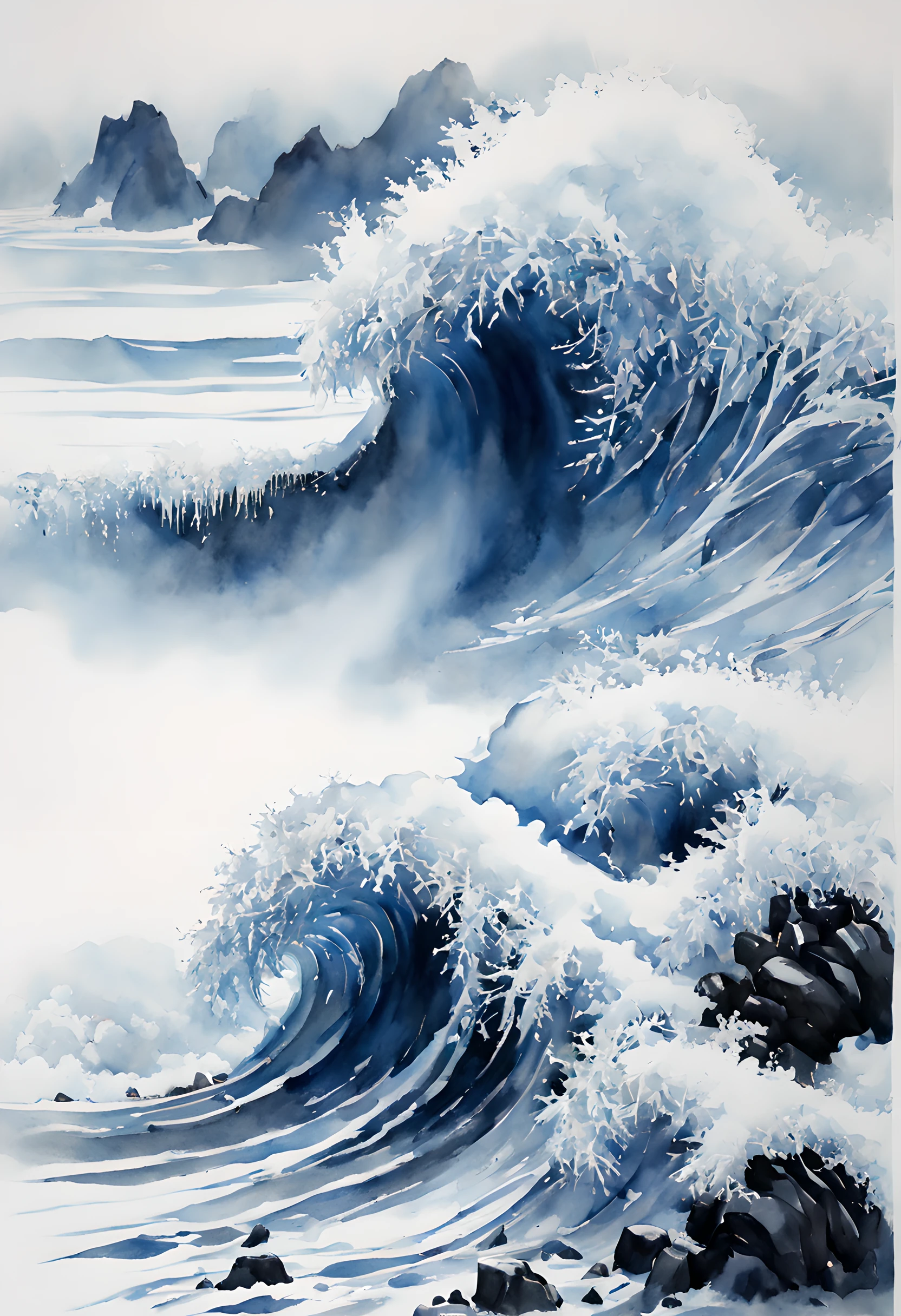 (ink and watercolor painting:1.5), (Landscape painting:1.5), (Tasteful:1.5), (ink and watercolor painting:1.5), (Chinese style:1.5), (rime ice:1.5), (rime ice:1.5), (ice crystals:1.5), (rime ice covered the wave:1.5), (Big wave:1.5), (winter sea:1.5), (frozen sea:1.5), (rime ice forms wave:1.5),