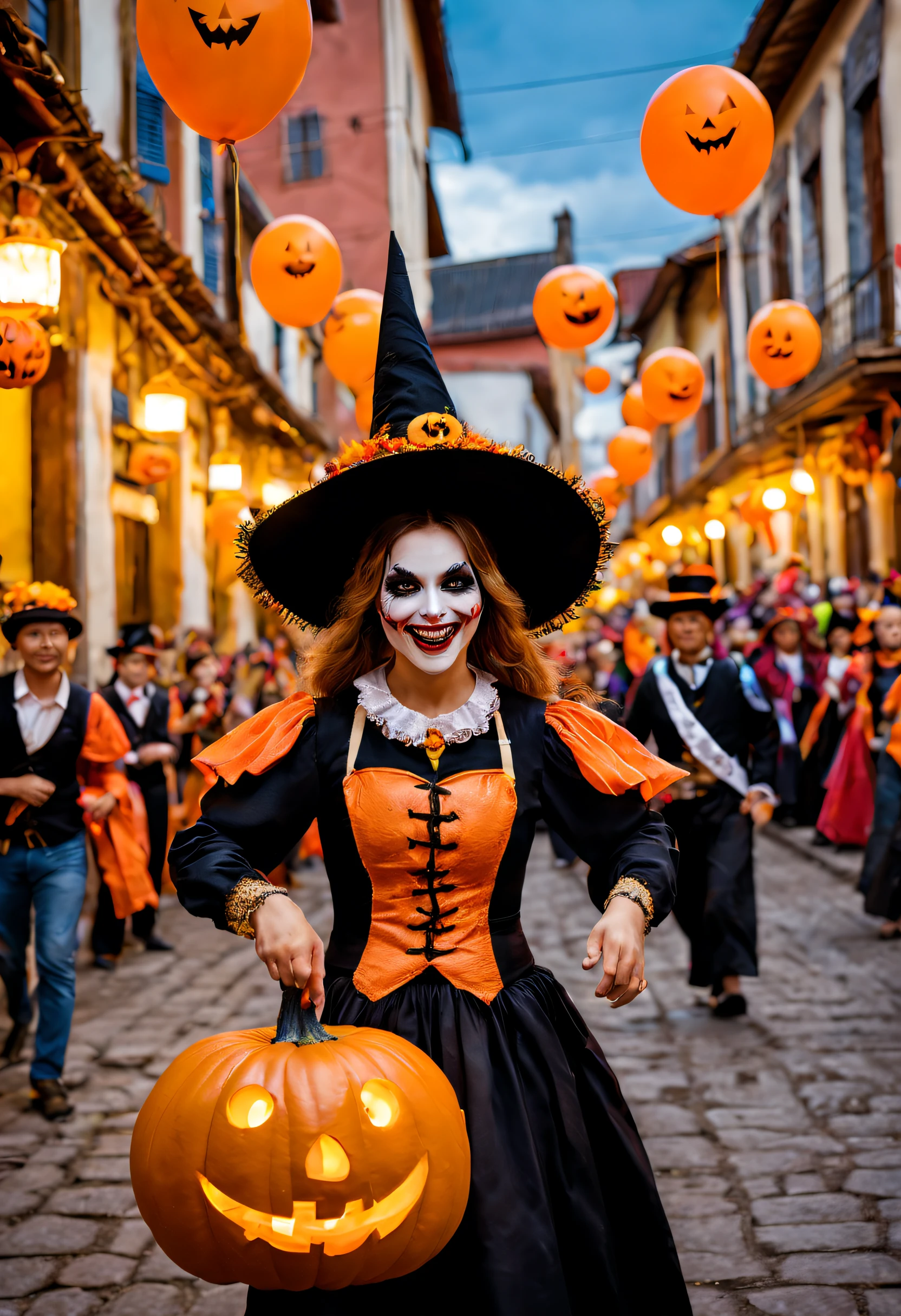In an ancient and tranquil town, a Halloween parade is underway. People are dressed in various costumes, ranging from cute animal outfits to terrifying zombie makeup, as each person transforms into their desired character. In the parade procession, there are various gigantic floats adorned with elaborate decorations and colorful lights, creating a cheerful and lively atmosphere. People hold pumpkin lanterns and colorful balloons, singing and dancing as they joyfully move along the streets of the town. The entire scene is filled with vitality and celebration, with bright colors and lifelike details that evoke a sense of joy and warmth.
Tags: Halloween parade, ancient town, tranquil, costumes, cute animals, terrifying zombies, gigantic floats, elaborate decorations, colorful lights, pumpkin lanterns, colorful balloons, singing, dancing, joyful, streets, vitality, celebration, bright colors, lifelike details