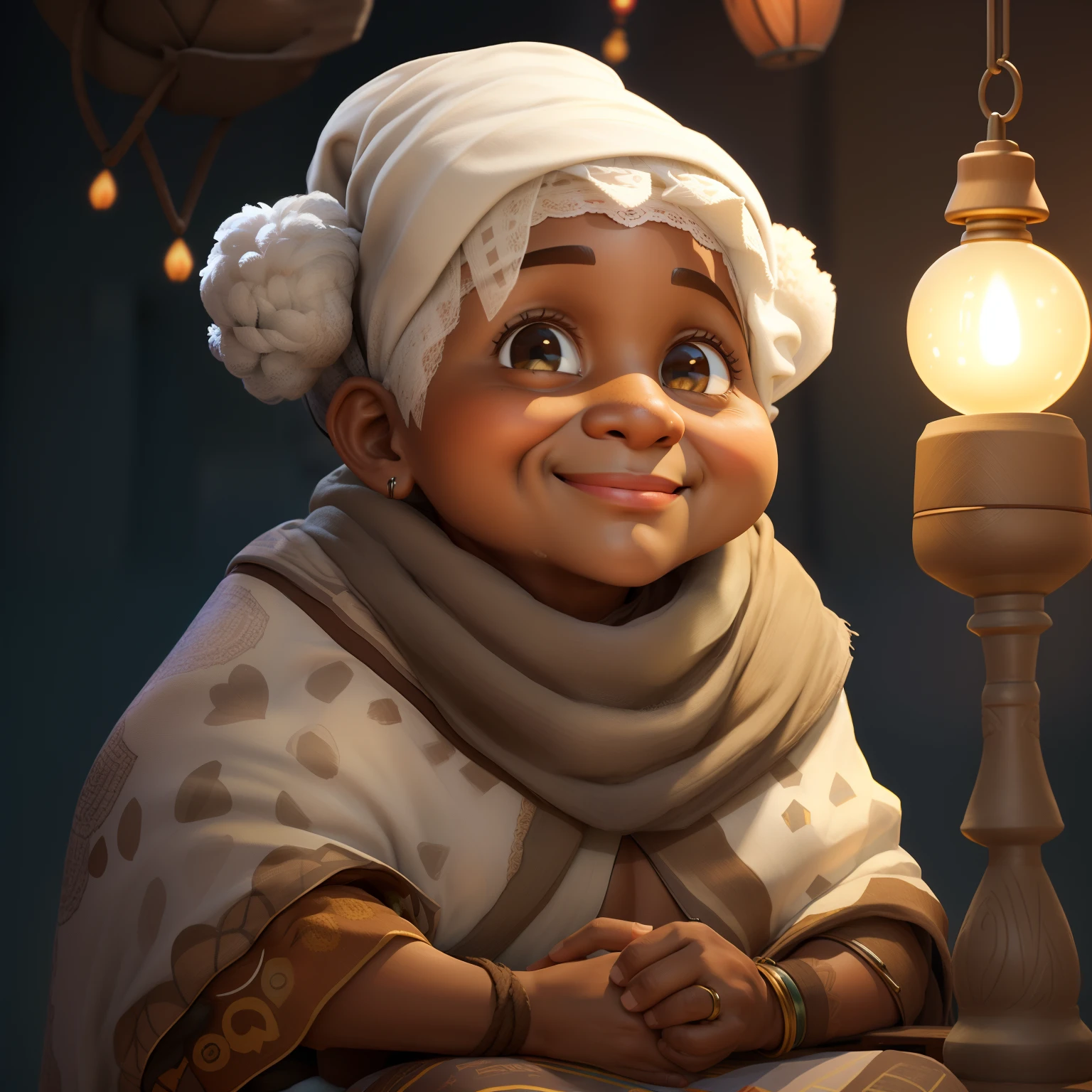 black, fat old woman, very clear and restored face, reminiscent of a black slave, cenzala environment, honey-colored eyes, white clothes, smoking a pipe, scarf on her head, wearing necklaces, twig of rue in her ear, sitting on a stool, Disney, chibi, facing the camera, cute, smiling, very clear face, unreal engineering, detailed, ultra high definition, 3D 8k