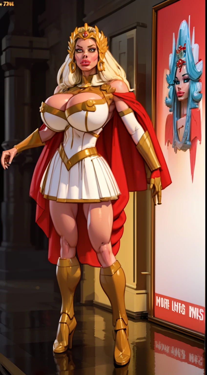 ((3d render:1.4)), ((full body view:1.2)), ((she-ra)),((1985)), (pale skin:1.2), (white skin:1.5), ((front view:1.3)), pale face, (puffy lips:1.4), (crown:1.4),(white skirt), ((gold gauntlets:1.3)), ((red cape:1.1)), (gigantic breasts:1.4), ((gigantic breasts:1.3)), design sheet, masterpiece, (slendered abs:1.2) ,detailed , shiny skin, beautiful lighting from the side, harsh light,epic pose, dynamic movie poster