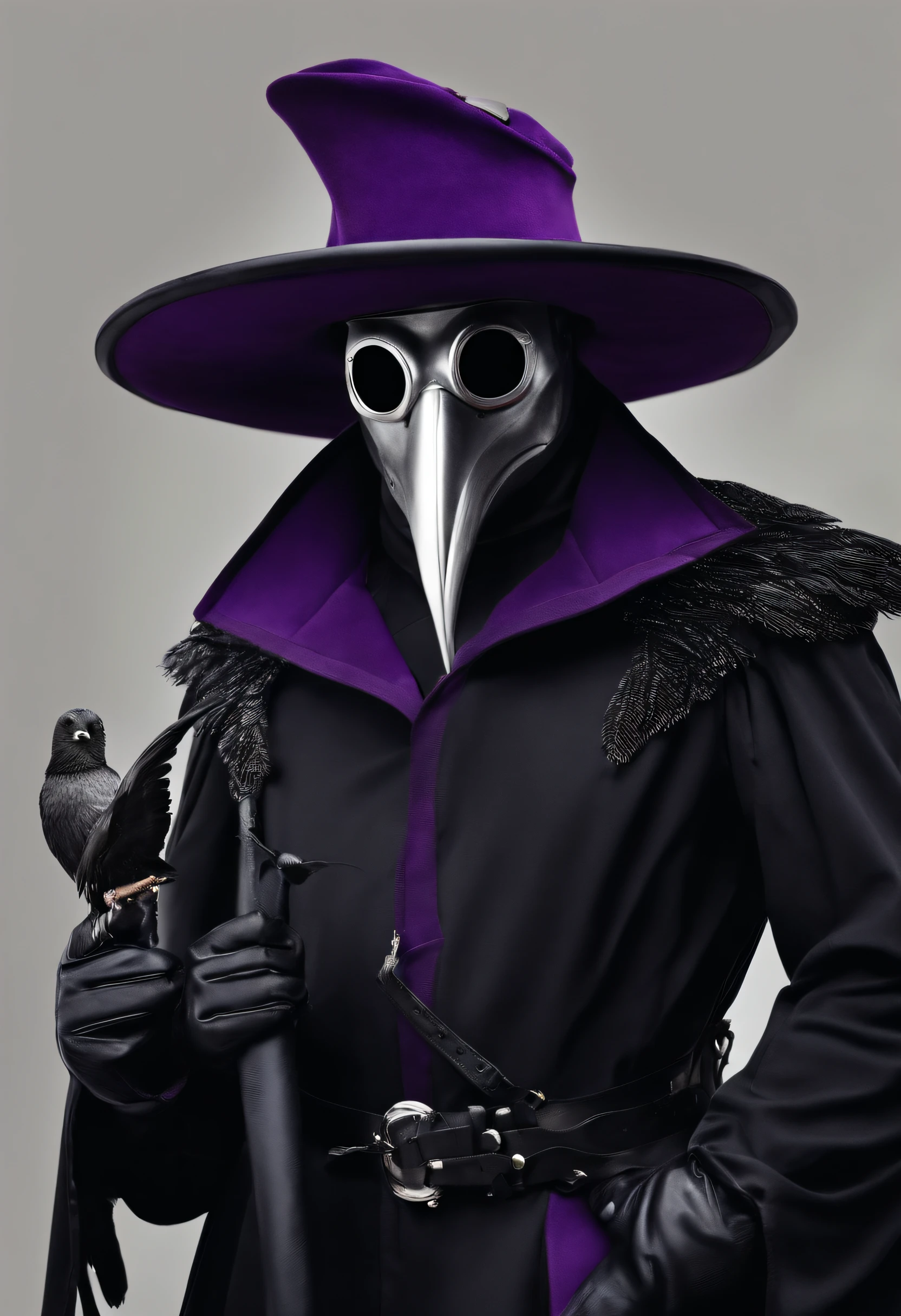 Purple details image of a man in a plague suit and a bird, the plague doctor, plague doctor, O Peste., Plague mask, epic and elegant portrait, plague doctor mask, Retrato do Professor Sinistro, cowboy plague doctors, portrait of a bloodborne hunter, vampre the masquerade, Chapeleiro, Adriano Borda, doente