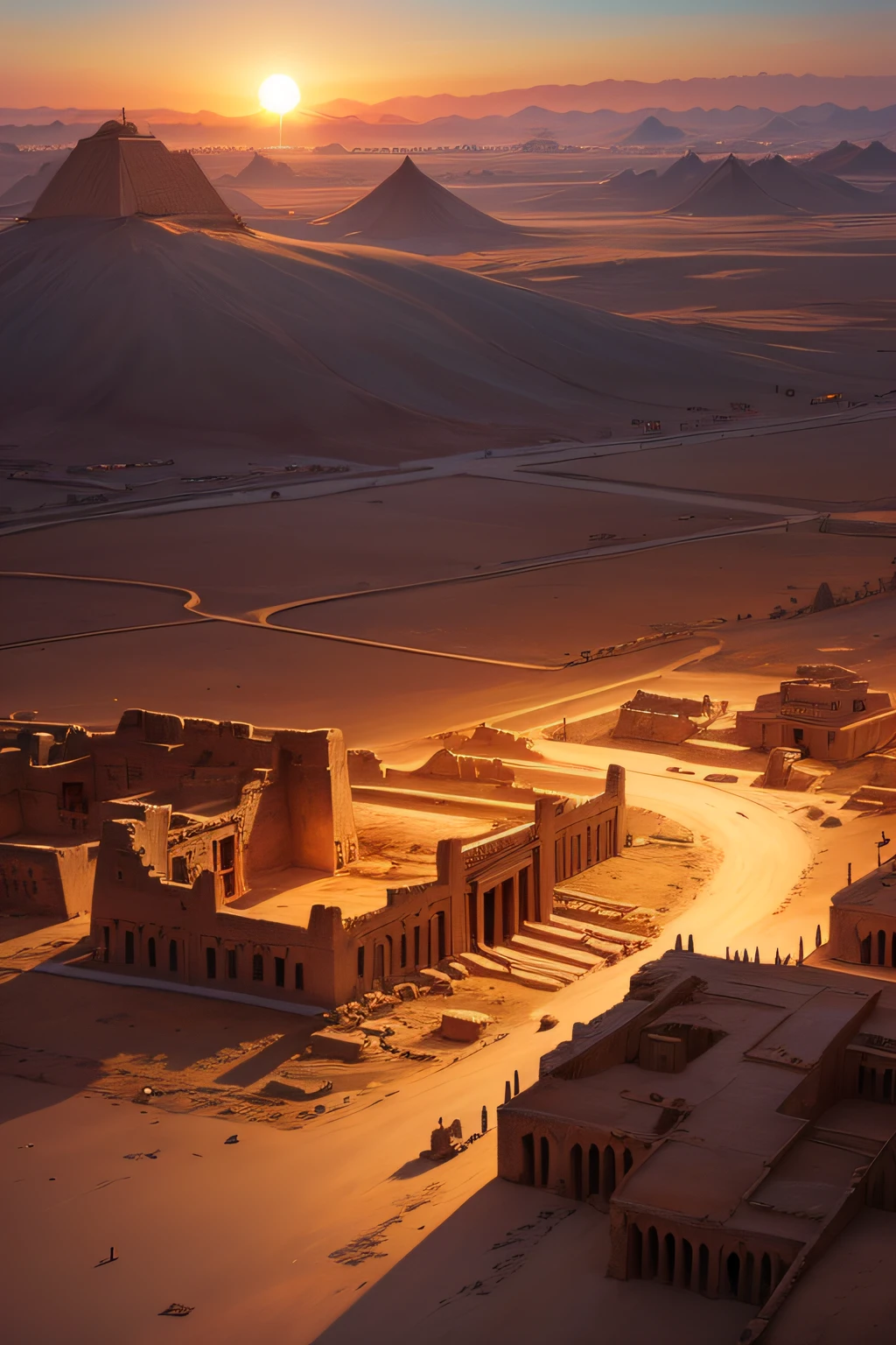 The City of Akhetaten, ancient egypt, the sun setting over the city of Akhetaten