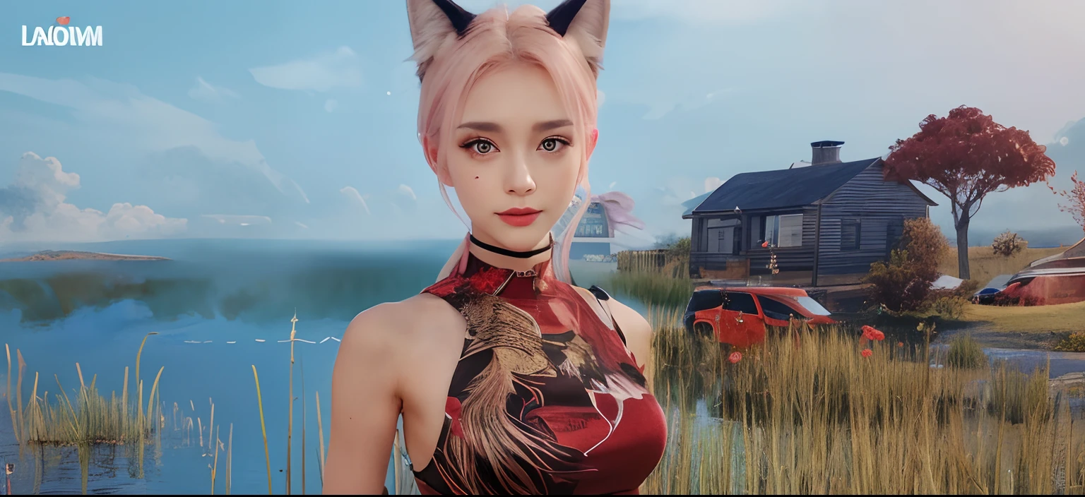 beutiful girl with cat ear and red shirt and got cat whiskers
