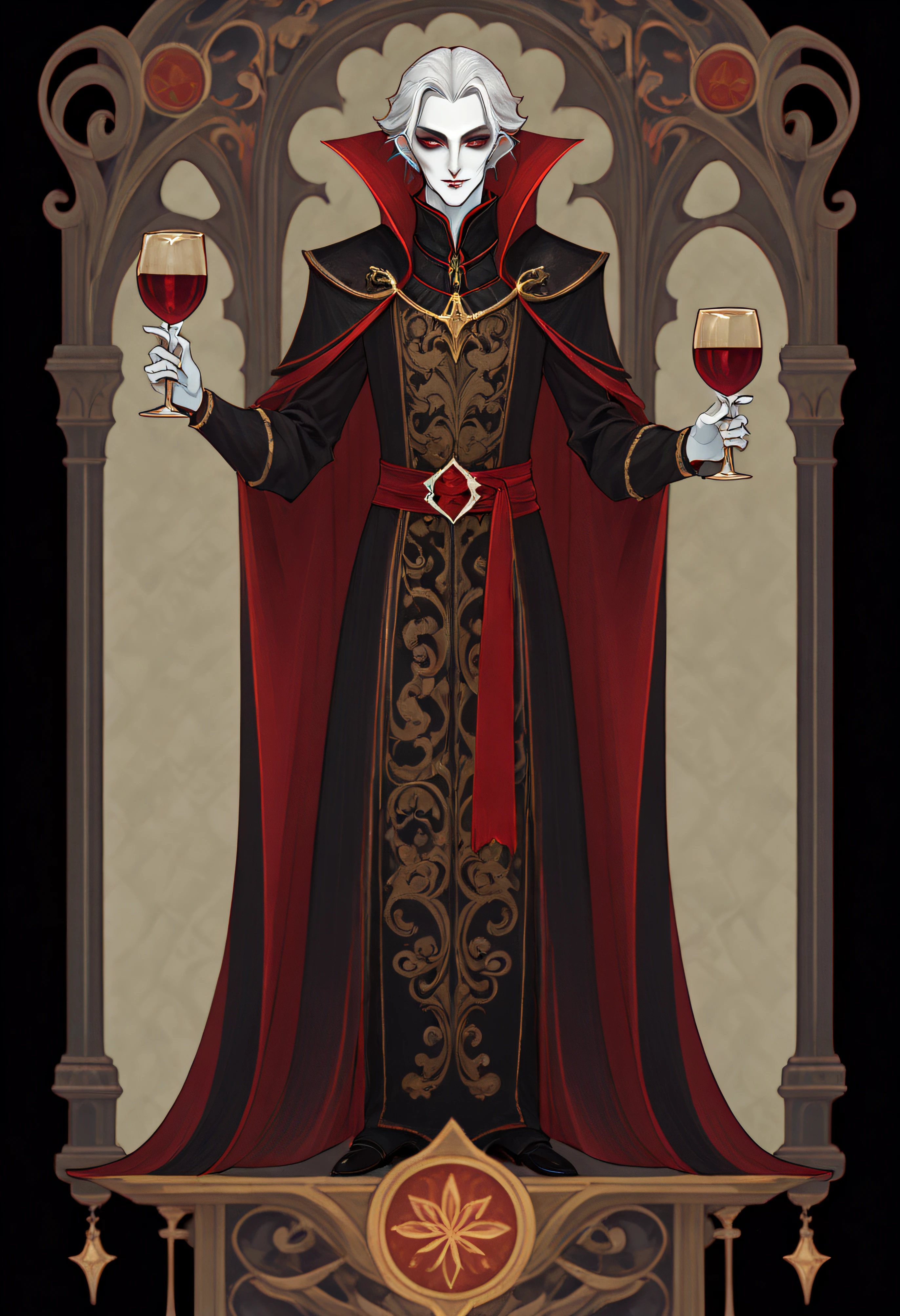 1 boy, The vampire holds a glass of wine, Medieval aristocratic costumes, Full body standing painting, (((独奏))), Clear facial features, Simple line design, ((tarot card background, symmetric beauty)), perfectly symmetrical, The art of symmetry, Standing drawings of characters, ((flatcolors)), tmasterpiece,top Quority,best qualtiy,超高分辨率, ((Clear facial features,beautidful eyes,beauitful face, Exquisite facial features))