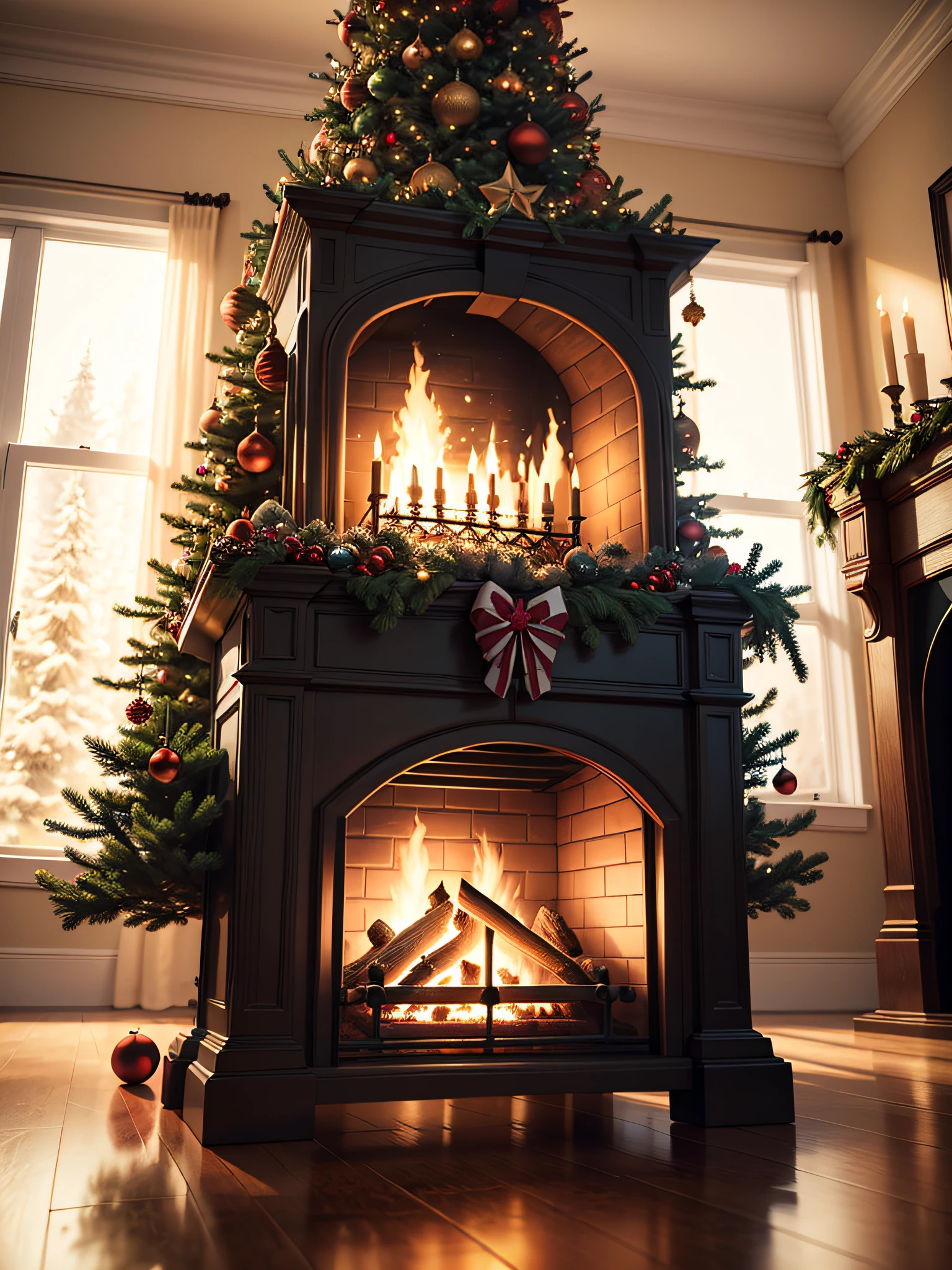 Full front view Christmas tree and fireplace, fotografia real, Super realistic rendering, realism rendering, 8k, --v6