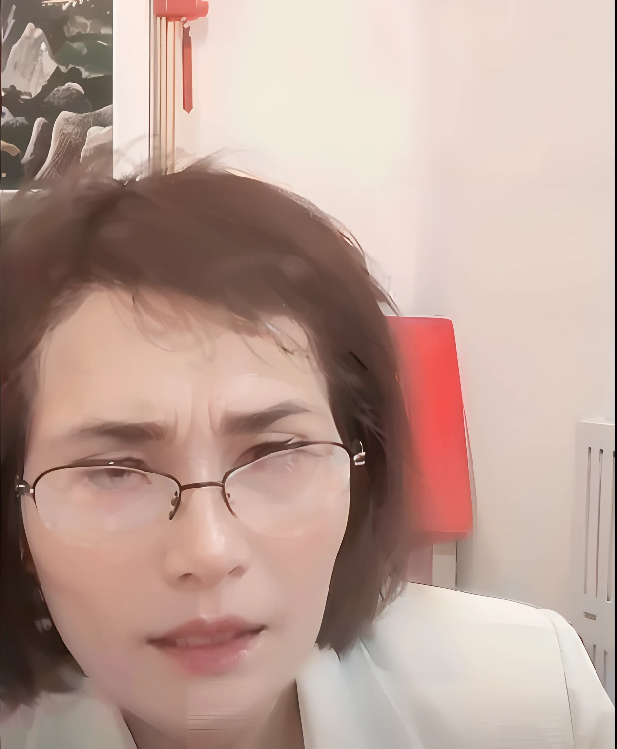 A woman with messy short hair,In a white blouse shirt,Wearing glasses,Frowning,Positive perspective,Close-up of emoji