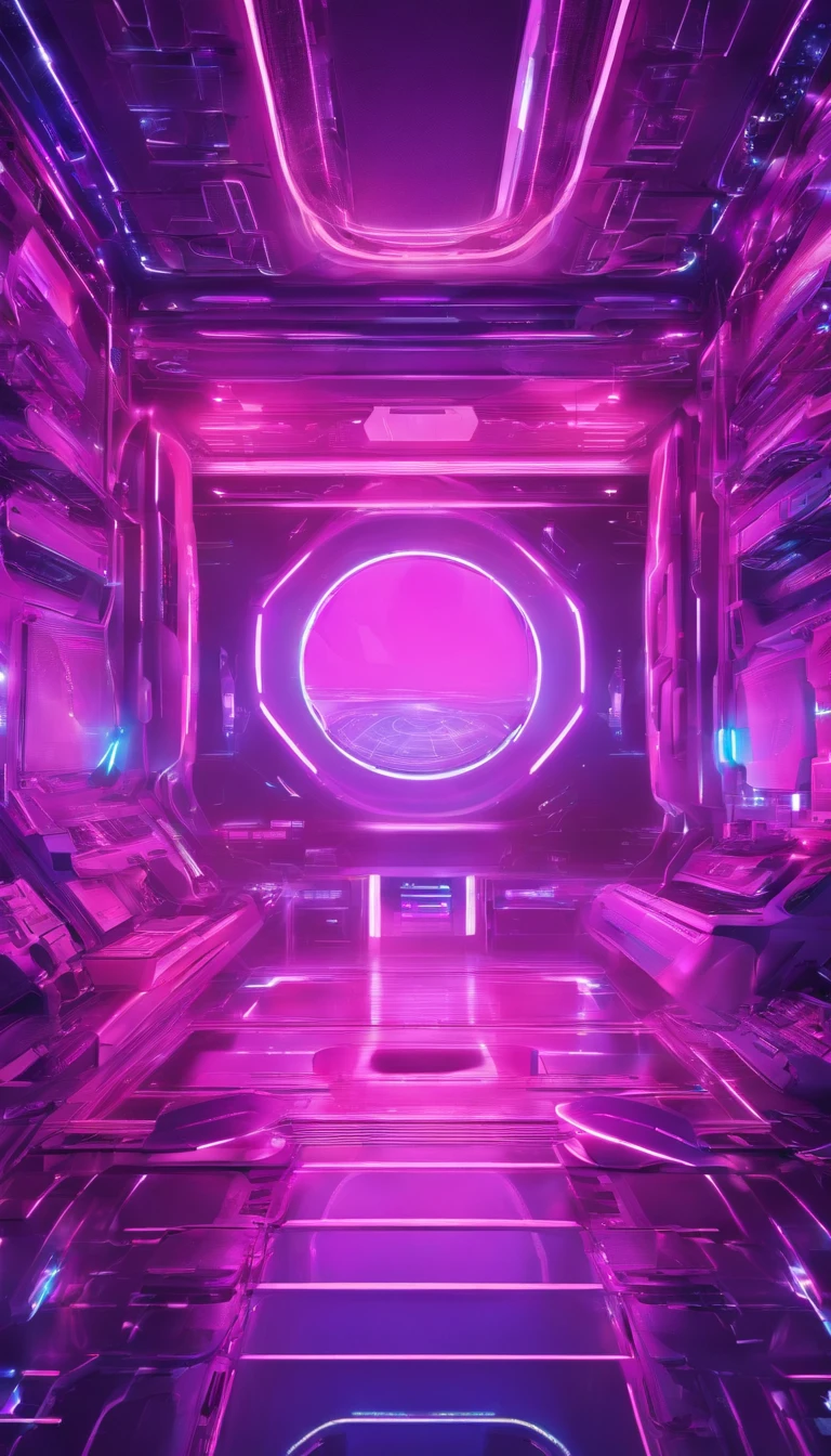 futuristic room with purple blue lights with computer in the middle