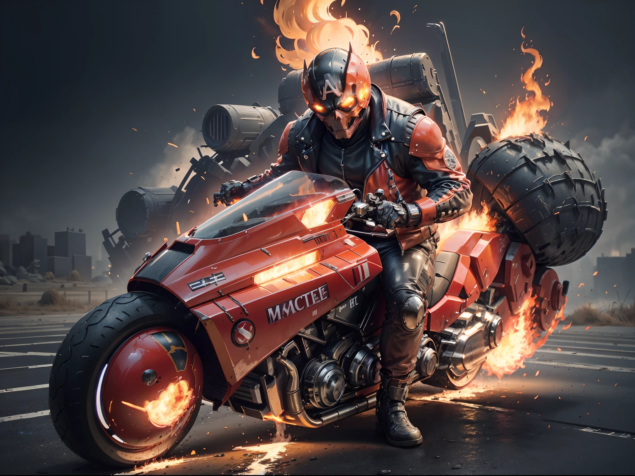 (offcial art, Unity 8k wallpaper, Ultra-detailed, Beautiful, Masterpiece, Best quality, 1.4x more realistic), (Marvel hero Ghost Rider: 1.5), There was a fire in his eyes, The corpse was wrapped in burning chains, Titanium chains and the future technology of motorcycles, Icy bodywork, Ghost Rider rides a futuristic black motorcycle, Gallop on a burning fire, The entire motorcycle caught fire and burned, theelementoffire, Composed of fire elements, volcanoes, Burning cyberpunk cityscape, Armageddon, Epic screen, Anatomically correct, Textured skin.