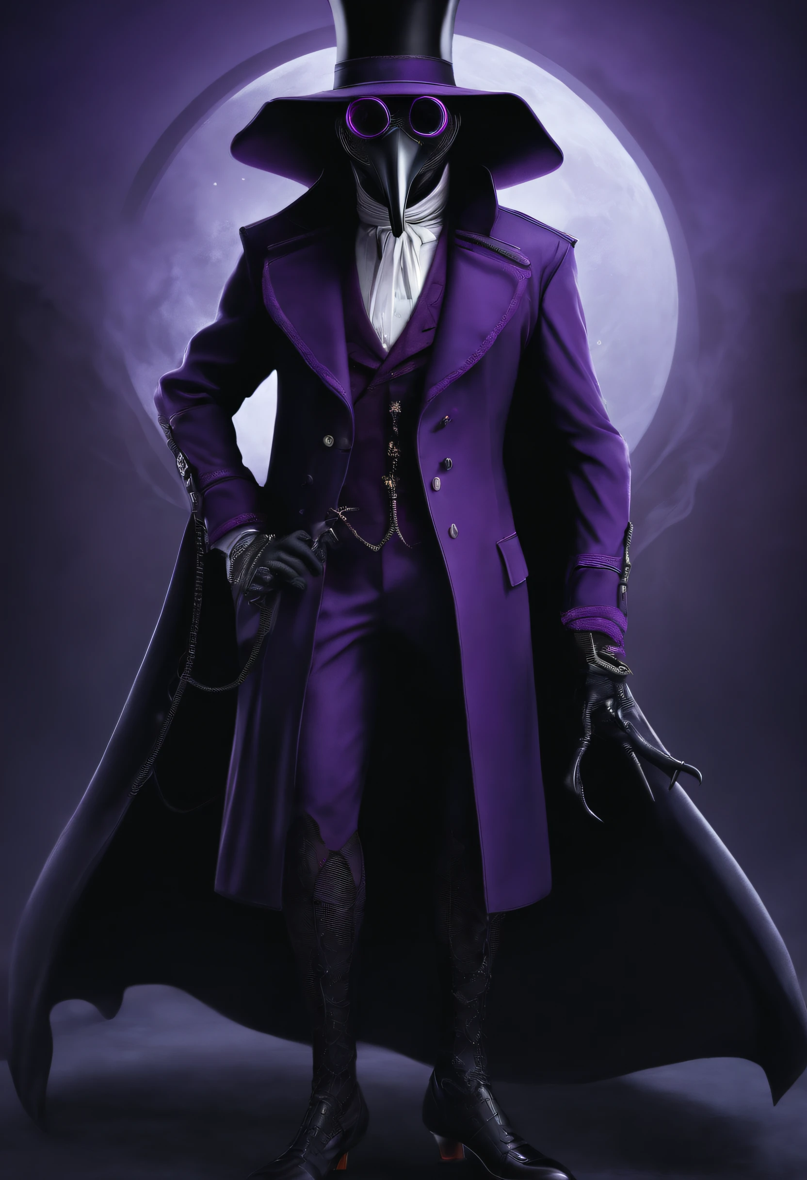 male plague doctor with purple goggles, cartoon, the long coat like dress has leg cuts, revealed legs with lace straps and fishnets, wearing black stilettos, high quality image 20 year old