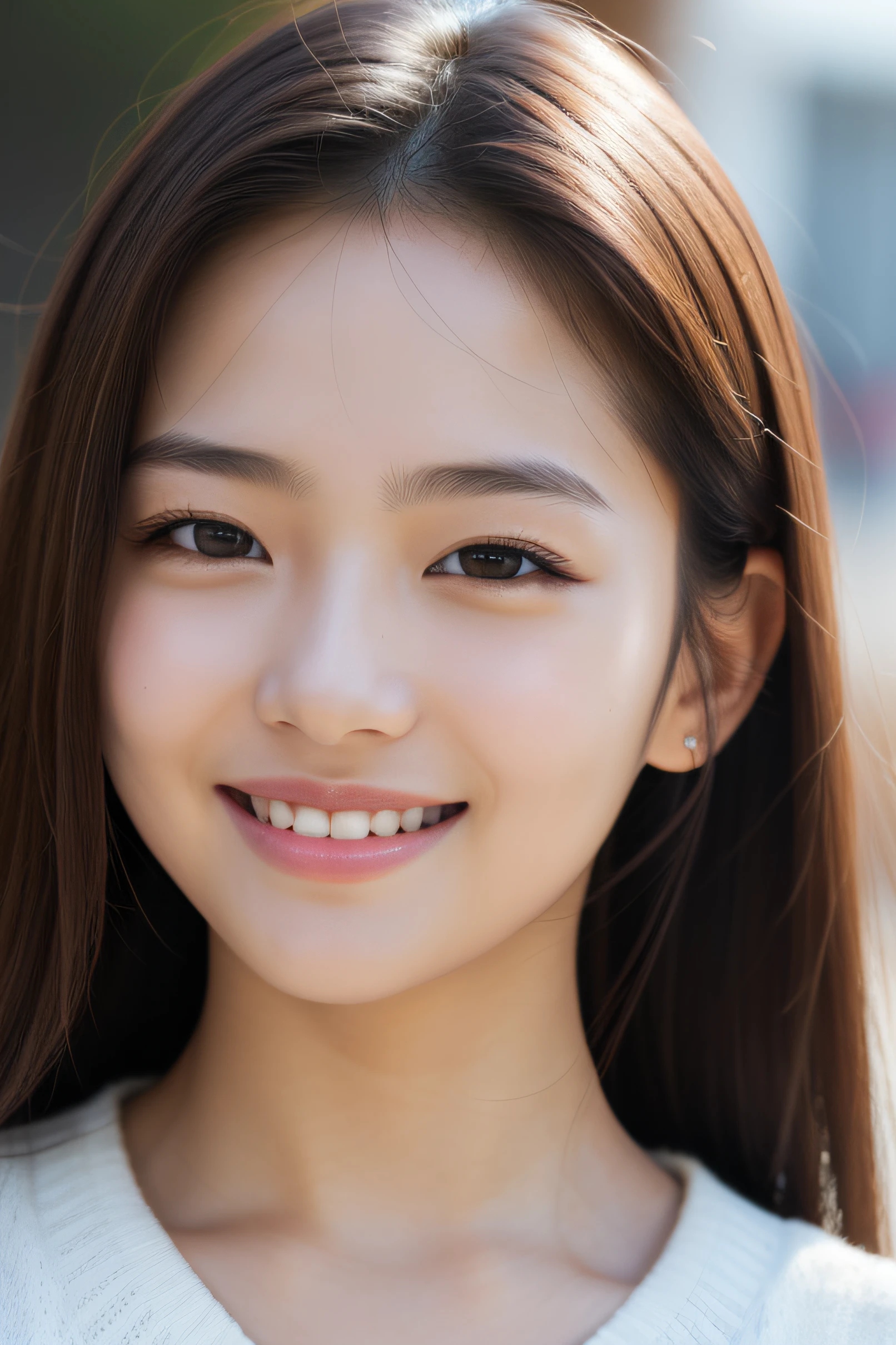 1 girl, Close-up of the face、 (Photo Real:1.4), (hyper realisitic:1.4), (Smooth lighting:1.05), 22 years old, Realistic lighting, Back lighting, (cheerfulness:1.2), (Finest Real Textured Skins), Narrow-eyed, Super fine face, little smile, posing Gravure Idol, glowy skin, retinas, anatomically correct, accurate, Super Detail, Textured skin, High quality, high details, Best Quality, high resolution,
