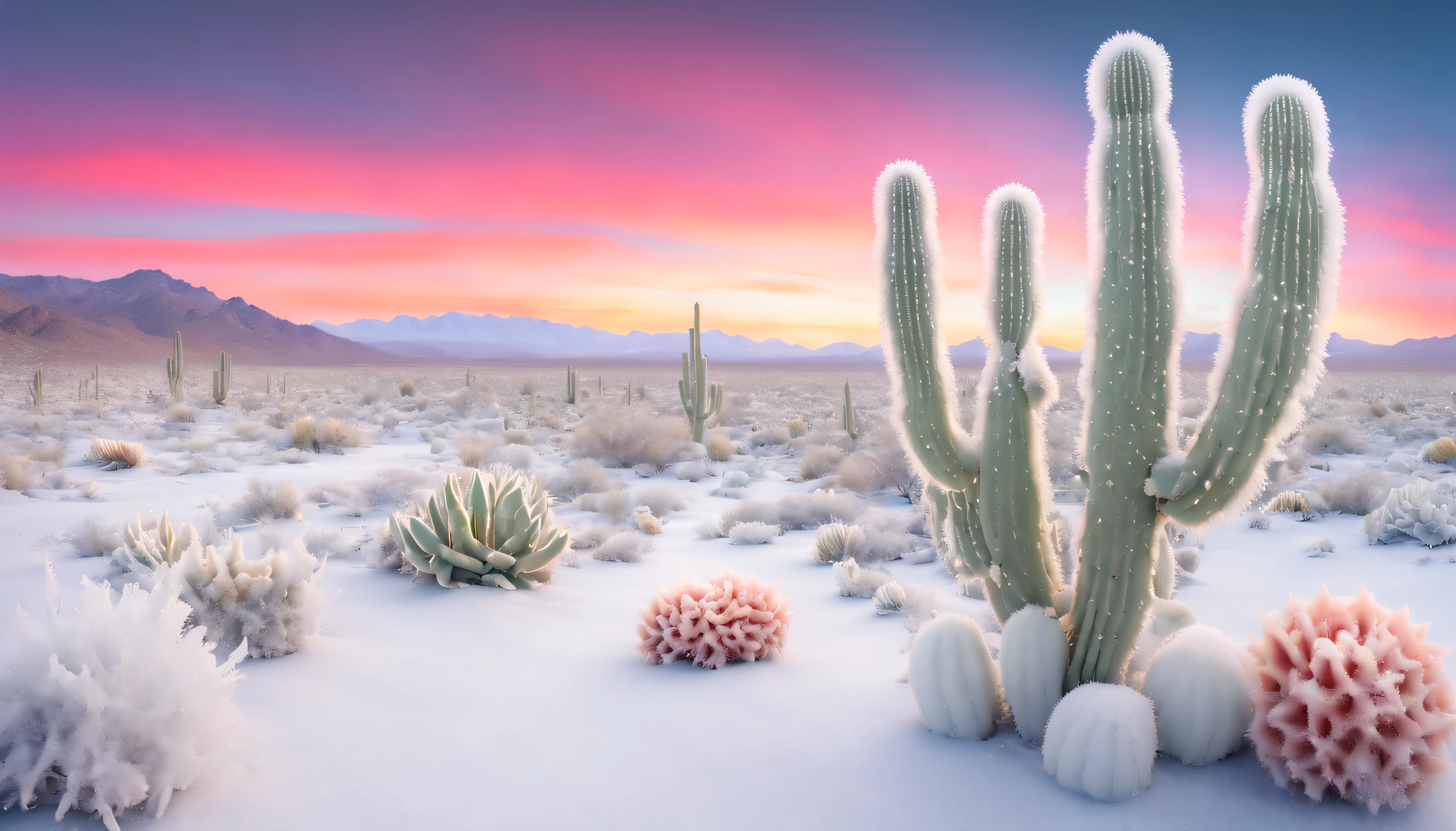 [Understated psychedelic] desert landscape, sparse vegetation, beautiful old (cactus) covered in a layer of crystalline (((Rime ice))) that sparkles under a surreal multicolored sky.