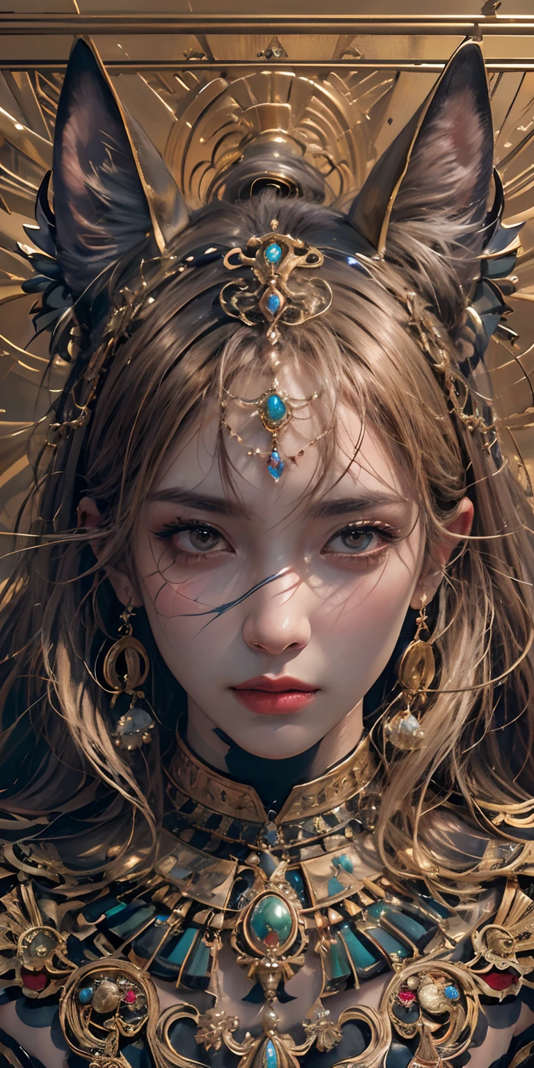 high-definition image(best quality,high-res,realistic:1.37), hyper-realistic,fine art,painting-like,soft lighting,ultra-detailed,portrait,realistic skin texture,emotive,sharp focus,vivid colors,golden glow,subtle shadows,Anubis idol headpiece,ornate jewelry,glistening tattoos