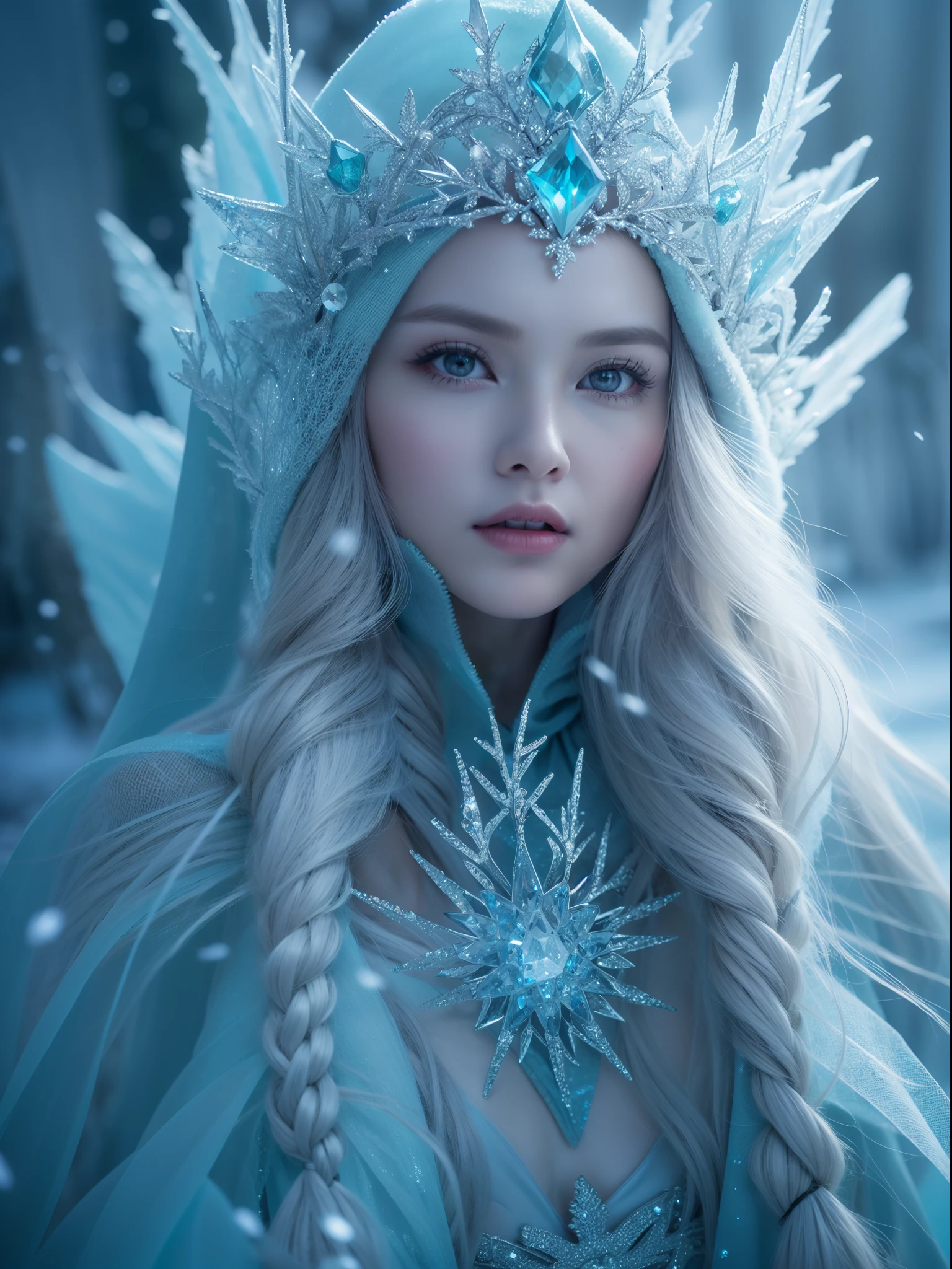 (best quality,4k,8k,highres,masterpiece:1.2),ultra-detailed,(realistic,photorealistic,photo-realistic:1.37),ice rime witch style,icy blue,sparkling snowflakes,frozen landscape,gown made of ice shards,mystical aura,magical ice crystals reflecting light,sharp and piercing gaze,frost-covered eyelashes,elegant and ethereal figure,ice crown on the head,delicate frost patterns on the skin,cold breath visible,icy gusts of wind swirling around,glowing ice magic in the hands,frozen branches reaching out,long silver hair shimmering like ice,eerie and haunting atmosphere,dark and mysterious forest background,moonlight casting an enchanting glow,aurora borealis dancing across the sky,alluring and powerful presence,subtle hints of ancient magic,unearthly beauty,glacial magic swirling around,crystal-clear ice palace,isolated and magical winter realm,frozen rivers and lakes,icy crystals forming intricate patterns,hooded cape flowing in the wind,elegant and graceful movements,icy spikes forming a protective barrier,snow-covered footsteps leading to the unknown,deep blue eyes shining with wisdom and power,chilling yet mesmerizing persona.