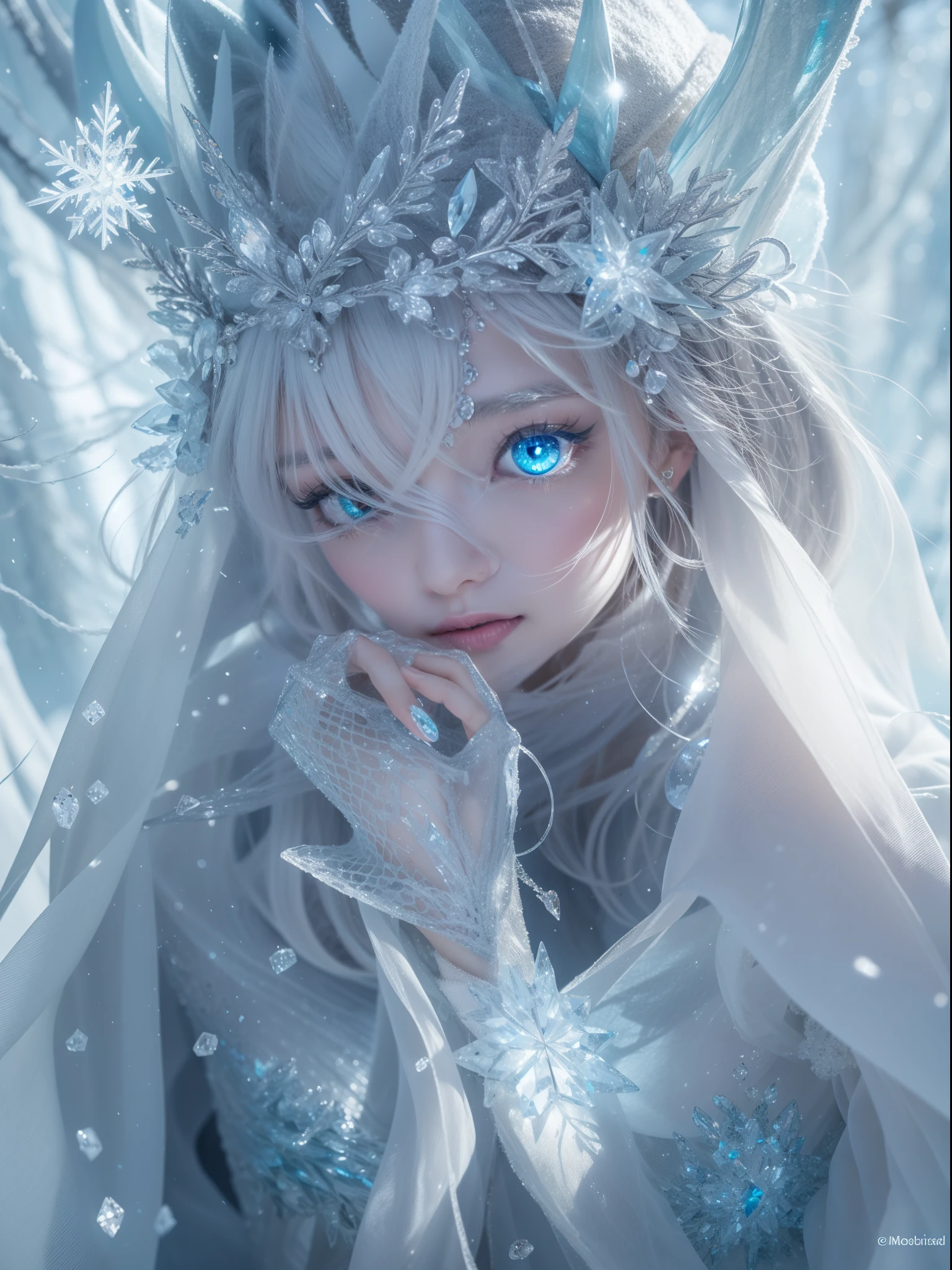 (best quality,4k,8k,highres,masterpiece:1.2),ultra-detailed,(realistic,photorealistic,photo-realistic:1.37),ice rime witch style,icy blue,sparkling snowflakes,frozen landscape,gown made of ice shards,mystical aura,magical ice crystals reflecting light,sharp and piercing gaze,frost-covered eyelashes,elegant and ethereal figure,ice crown on the head,delicate frost patterns on the skin,cold breath visible,icy gusts of wind swirling around,glowing ice magic in the hands,frozen branches reaching out,long silver hair shimmering like ice,eerie and haunting atmosphere,dark and mysterious forest background,moonlight casting an enchanting glow,aurora borealis dancing across the sky,alluring and powerful presence,subtle hints of ancient magic,unearthly beauty,glacial magic swirling around,crystal-clear ice palace,isolated and magical winter realm,frozen rivers and lakes,icy crystals forming intricate patterns,hooded cape flowing in the wind,elegant and graceful movements,icy spikes forming a protective barrier,snow-covered footsteps leading to the unknown,deep blue eyes shining with wisdom and power,chilling yet mesmerizing persona.