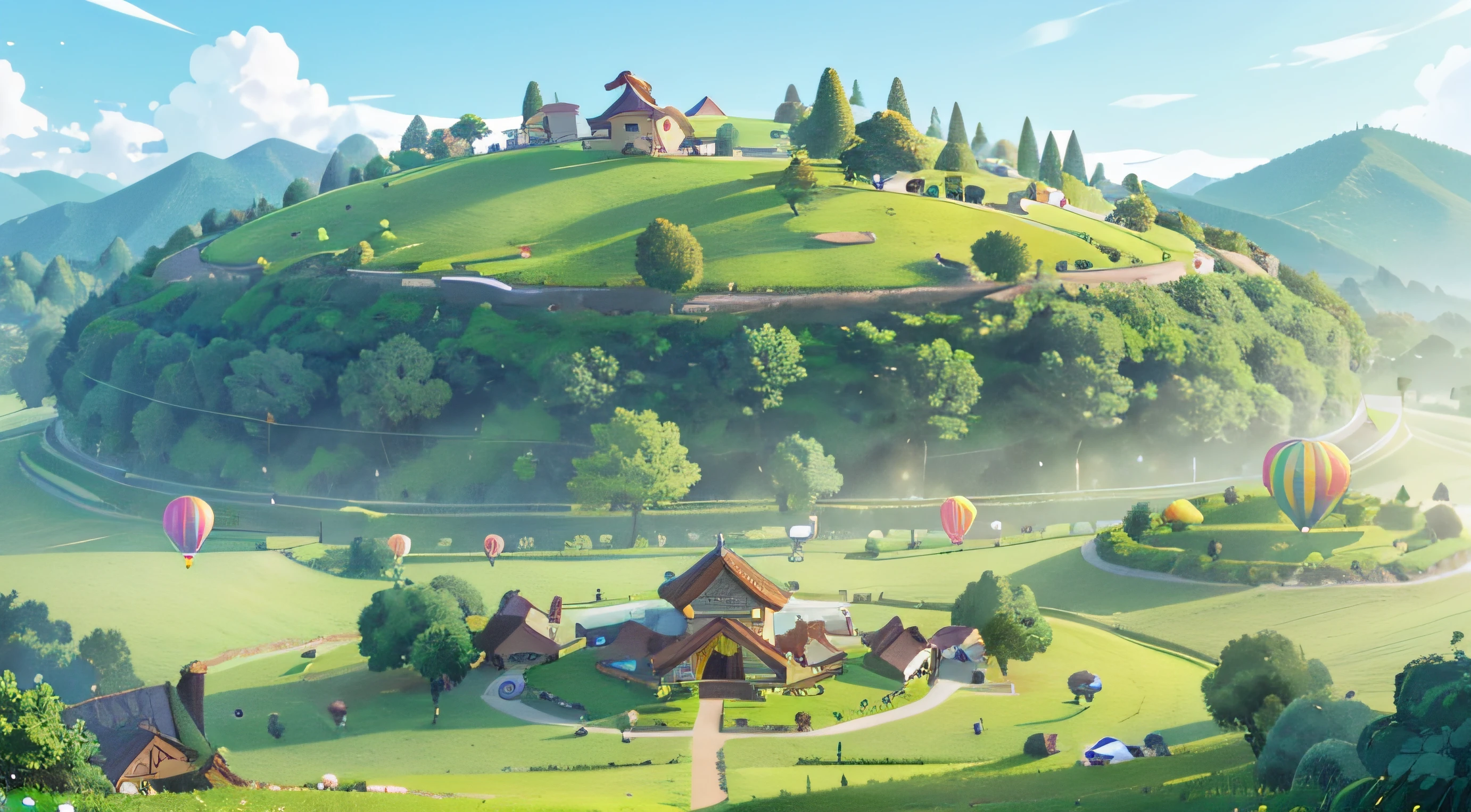 There is a large flat land in the middle, The big empty stage,There are high green hills in the back,There are no big trees,On one side is a beautiful village in the middle of a strong mountain, There is also a circle of colorful balloons,Heads-up,First perspective