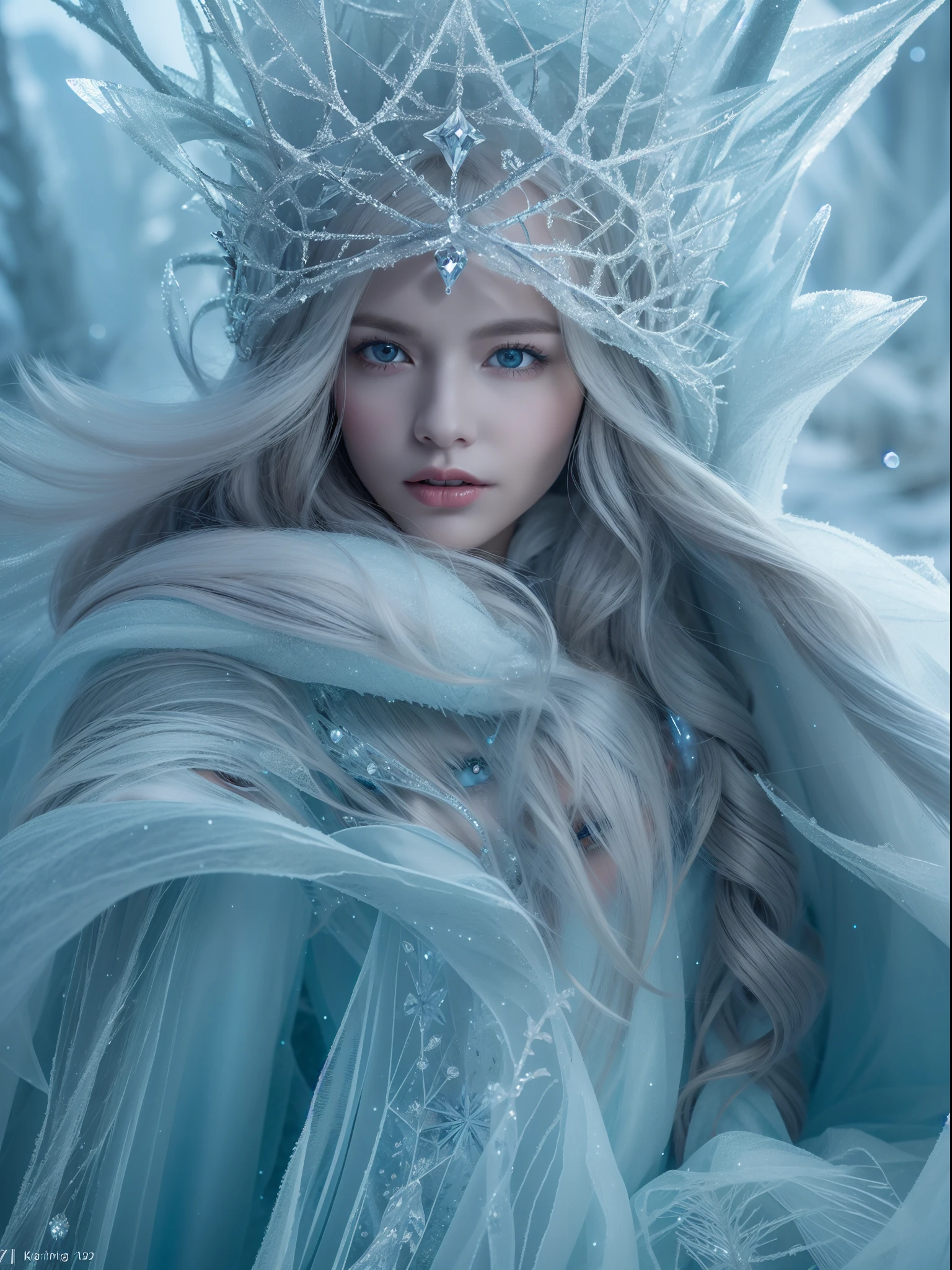 (best quality,4k,8k,highres,masterpiece:1.2),ultra-detailed,(realistic,photorealistic,photo-realistic:1.37),ice rime witch style,icy blue,sparkling snowflakes,frozen landscape,gown made of ice shards,mystical aura,magical ice crystals reflecting light,sharp and piercing gaze,frost-covered eyelashes,elegant and ethereal figure,ice crown on the head,delicate frost patterns on the skin,cold breath visible,icy gusts of wind swirling around,glowing ice magic in the hands,frozen branches reaching out,long silver hair shimmering like ice,eerie and haunting atmosphere,dark and mysterious forest background,moonlight casting an enchanting glow,aurora borealis dancing across the sky,alluring and powerful presence,subtle hints of ancient magic,unearthly beauty,glacial magic swirling around,crystal-clear ice palace,isolated and magical winter realm,frozen rivers and lakes,icy crystals forming intricate patterns,hooded cape flowing in the wind,elegant and graceful movements,icy spikes forming a protective barrier,snow-covered footsteps leading to the unknown,deep blue eyes shining with wisdom and power,chilling yet mesmerizing persona.